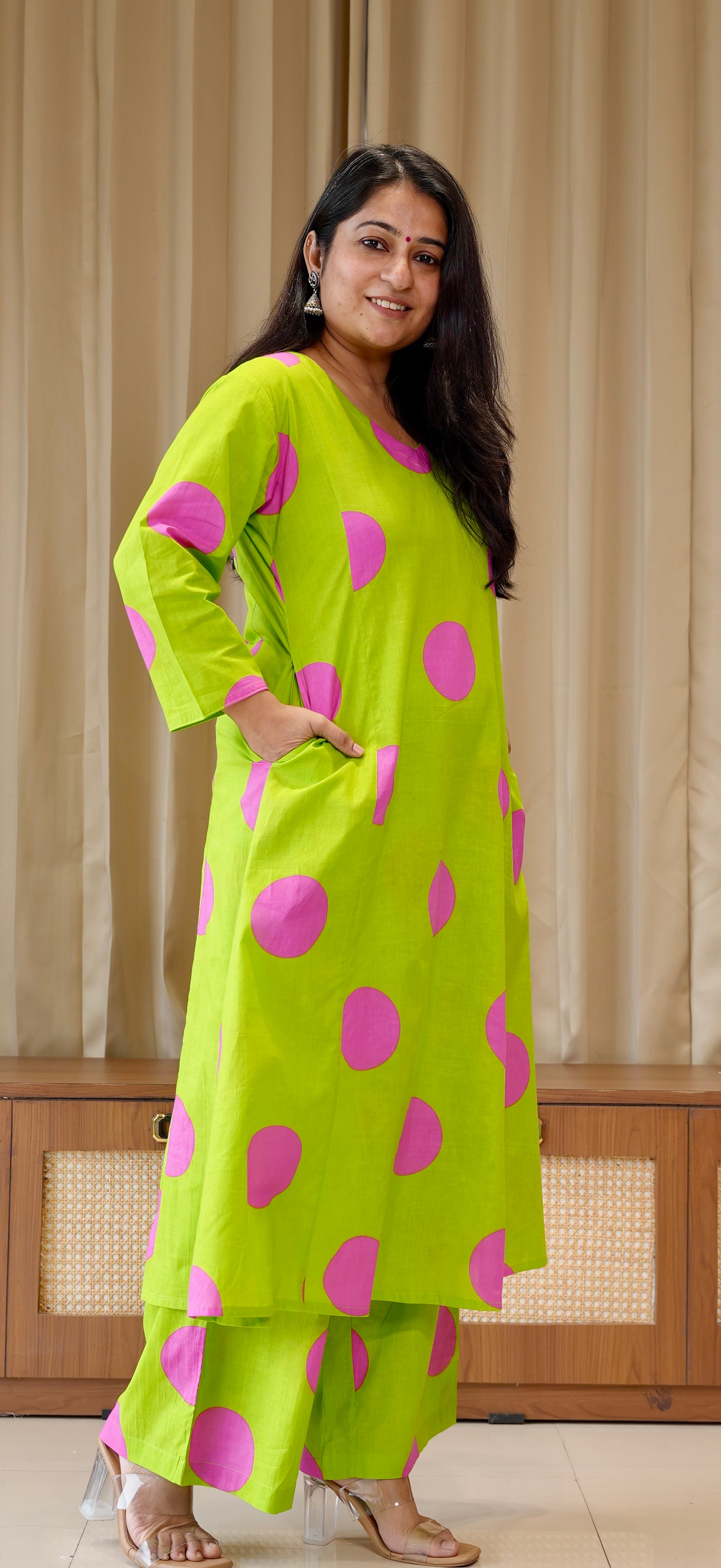 Green/Pink Polka Dots Cotton Kurta Set