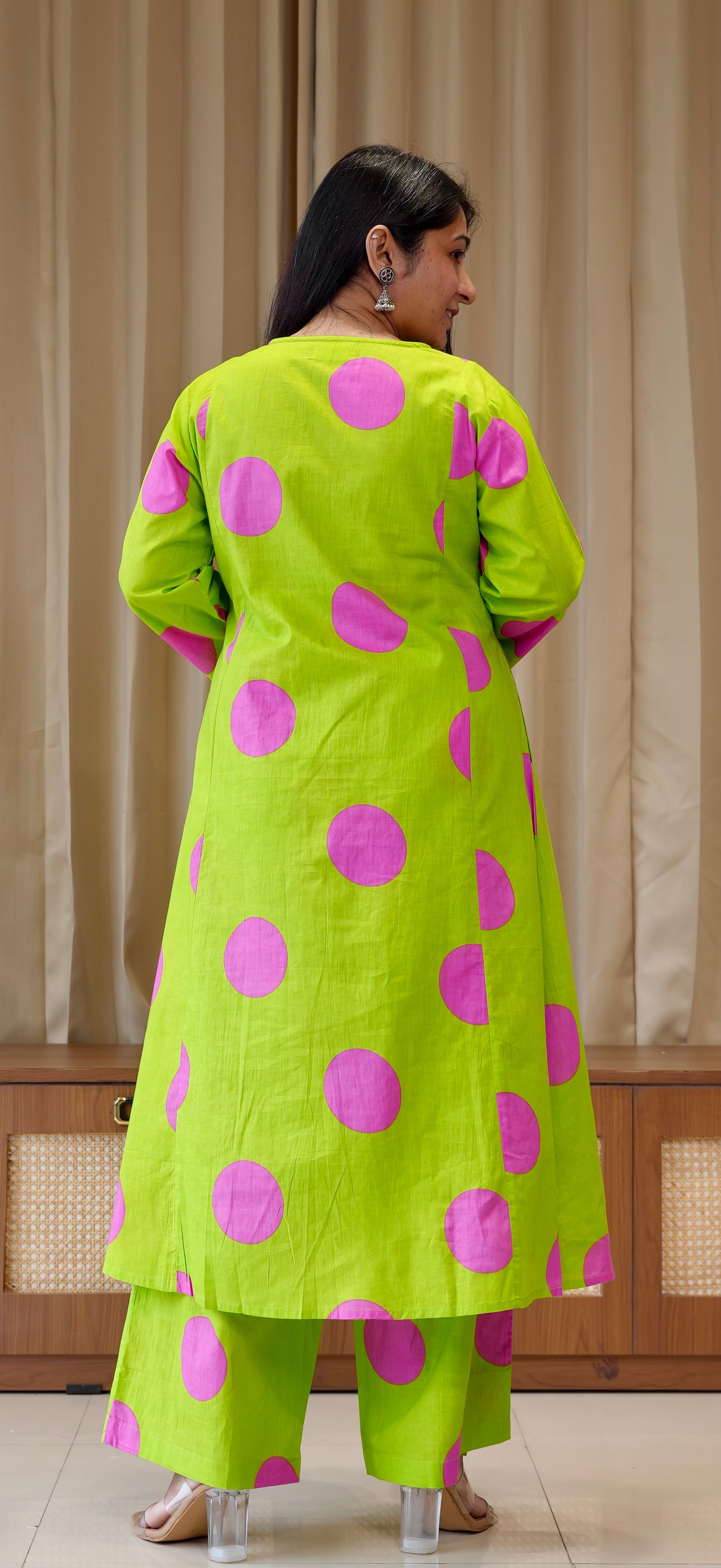 Green/Pink Polka Dots Cotton Kurta Set