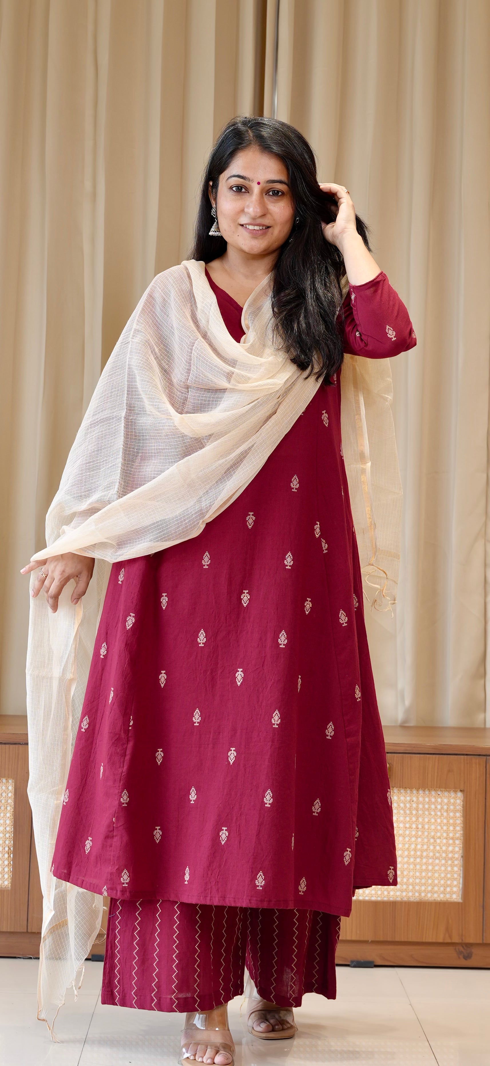 Kripa Handwoven Cotton Kurta Set - Maroon