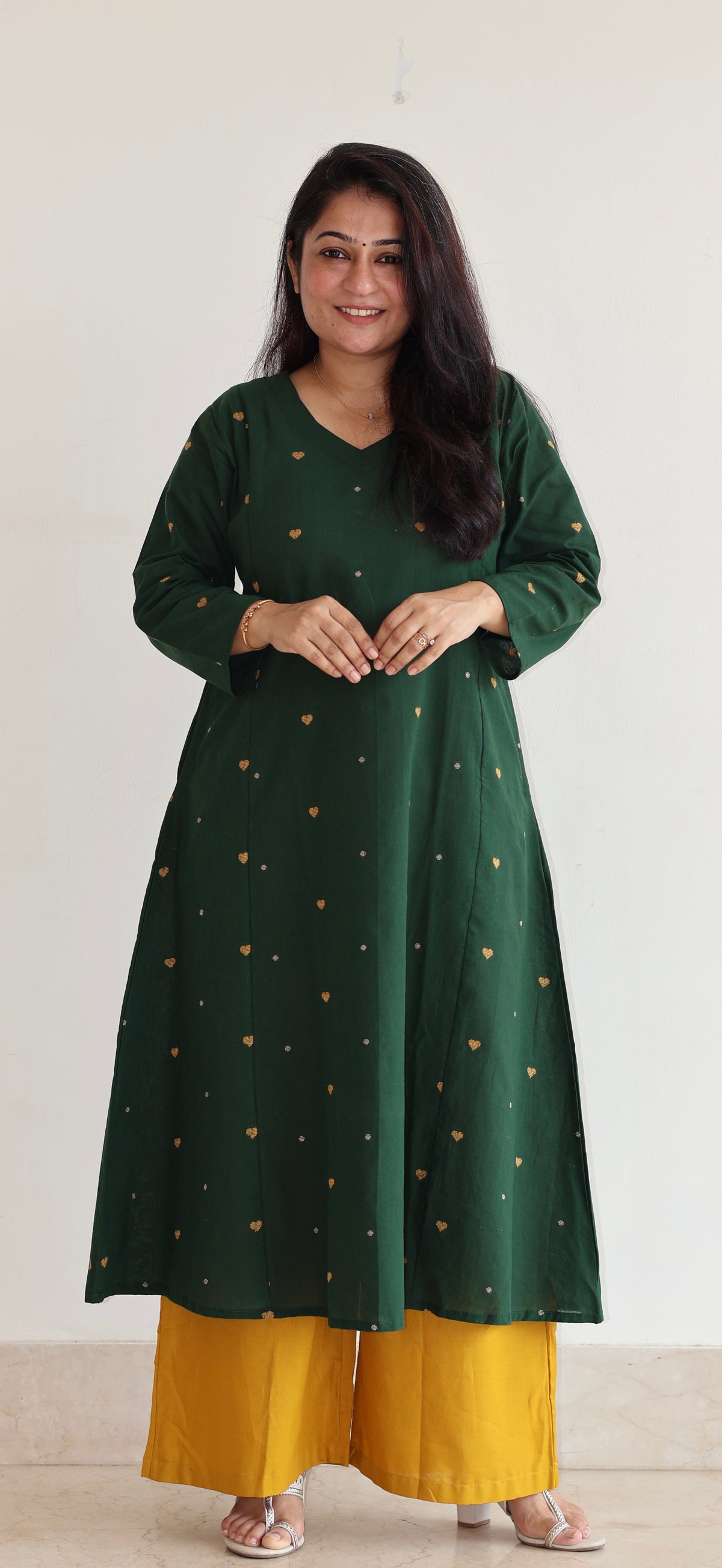 Hearts Handwoven Cotton Kurta - Dark Green