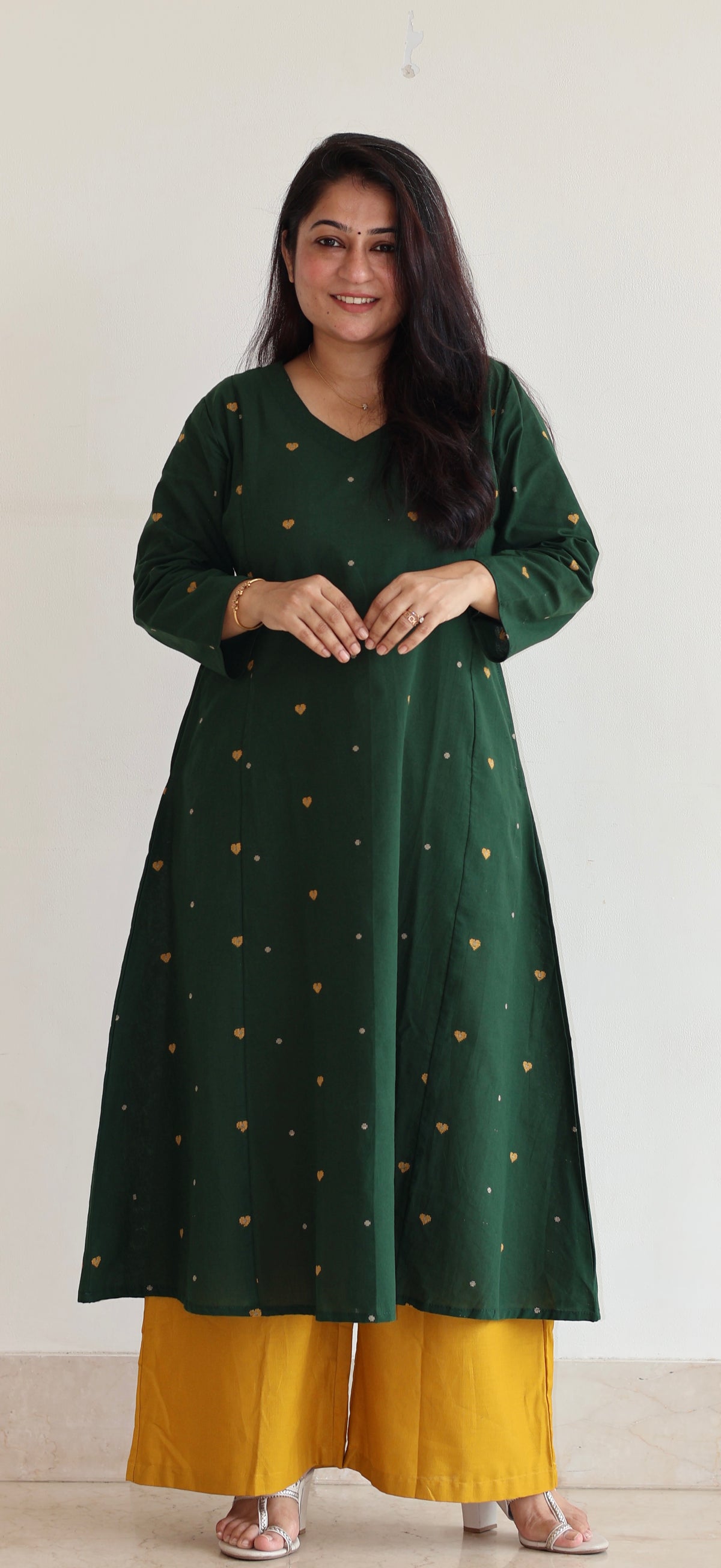 Hearts Handwoven Cotton Kurta - Dark Green