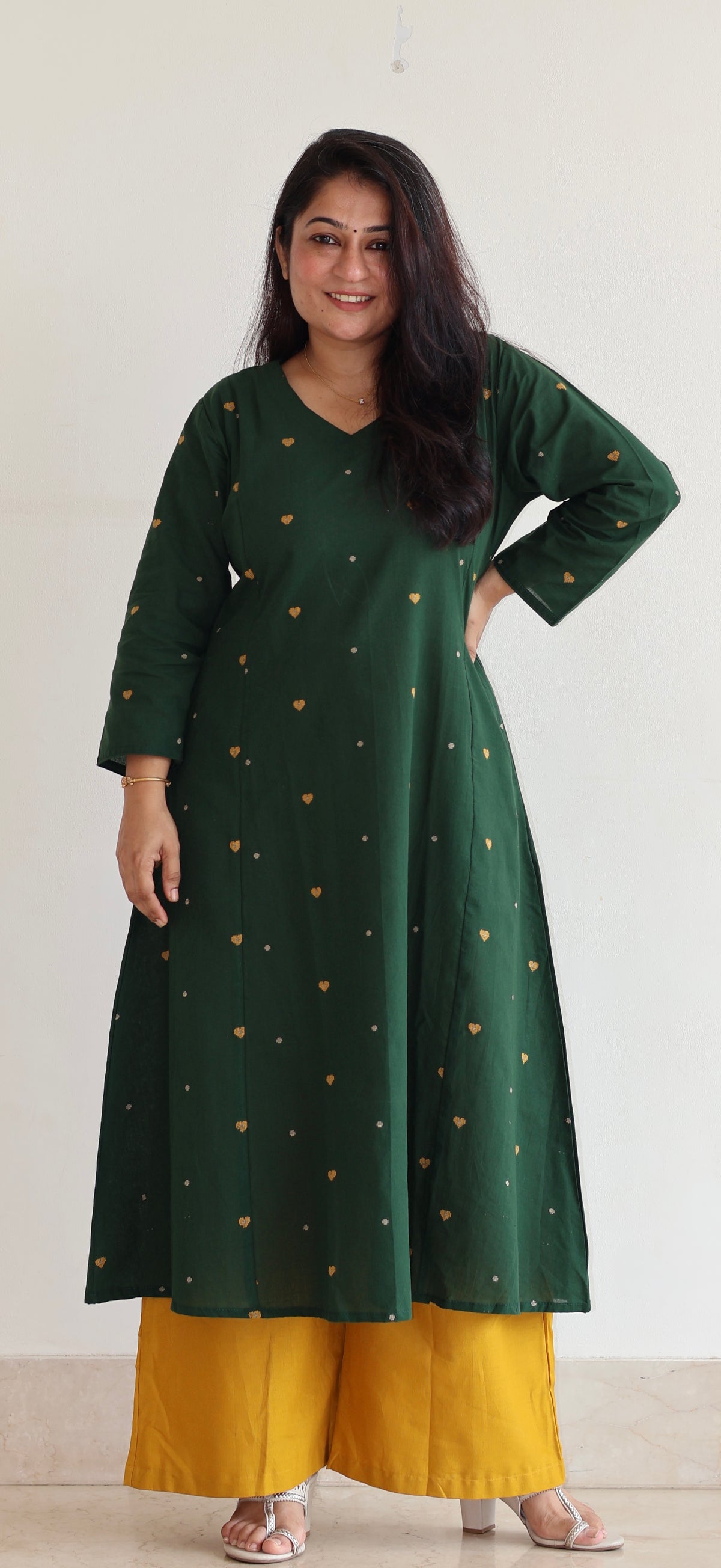 Hearts Handwoven Cotton Kurta - Dark Green