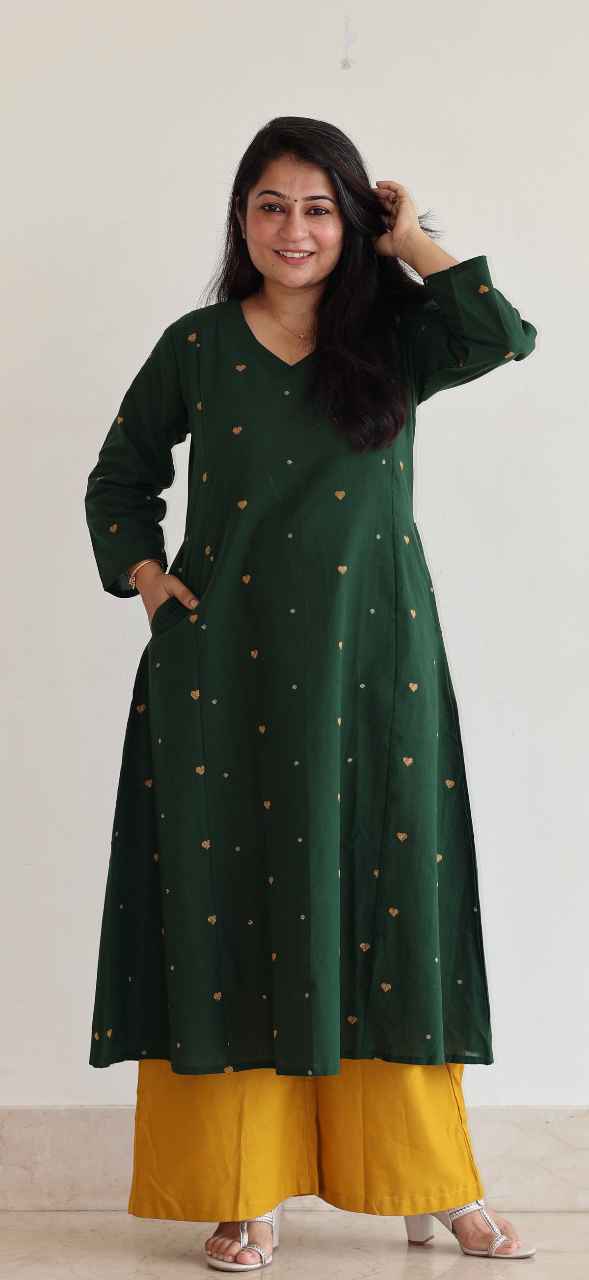 Hearts Handwoven Cotton Kurta - Dark Green