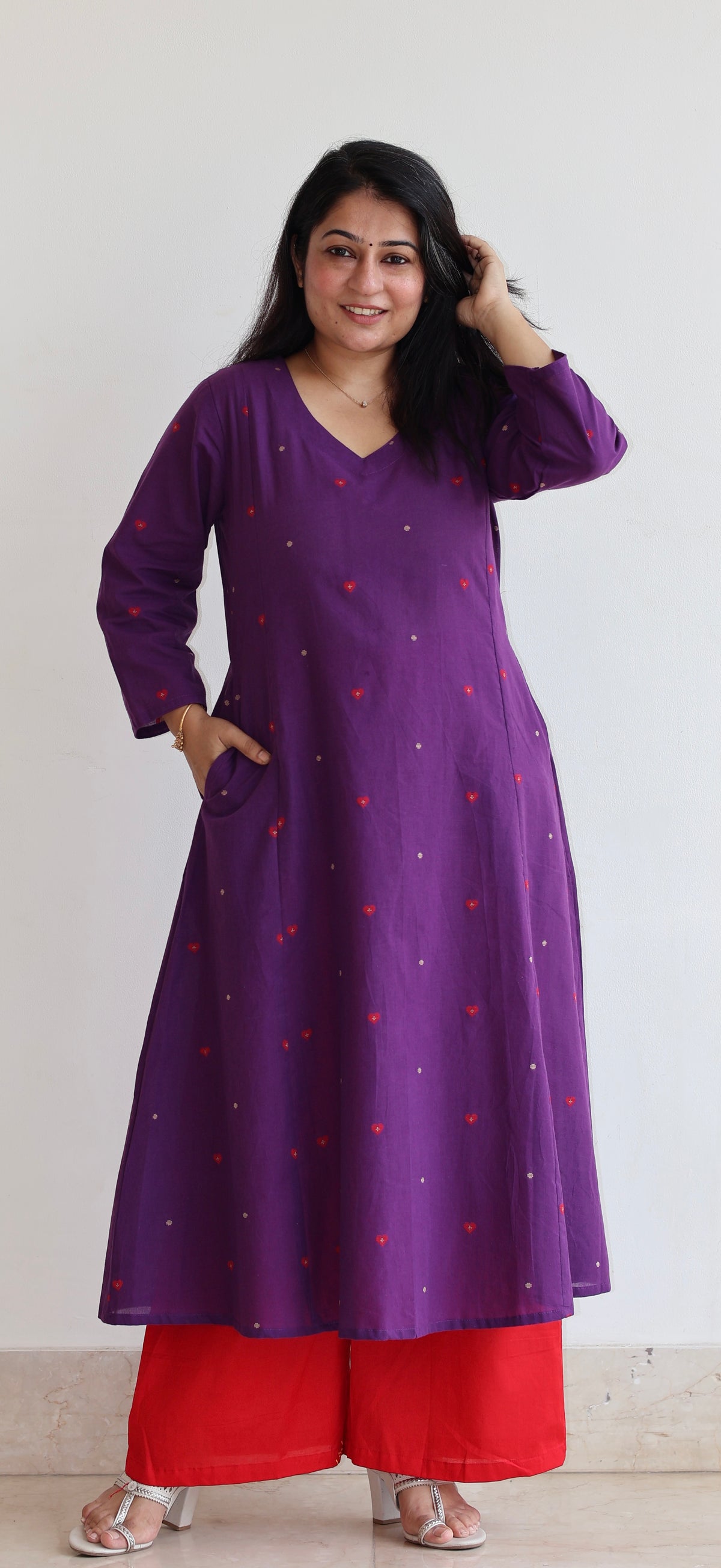 Hearts Handwoven Cotton Kurta - Purple