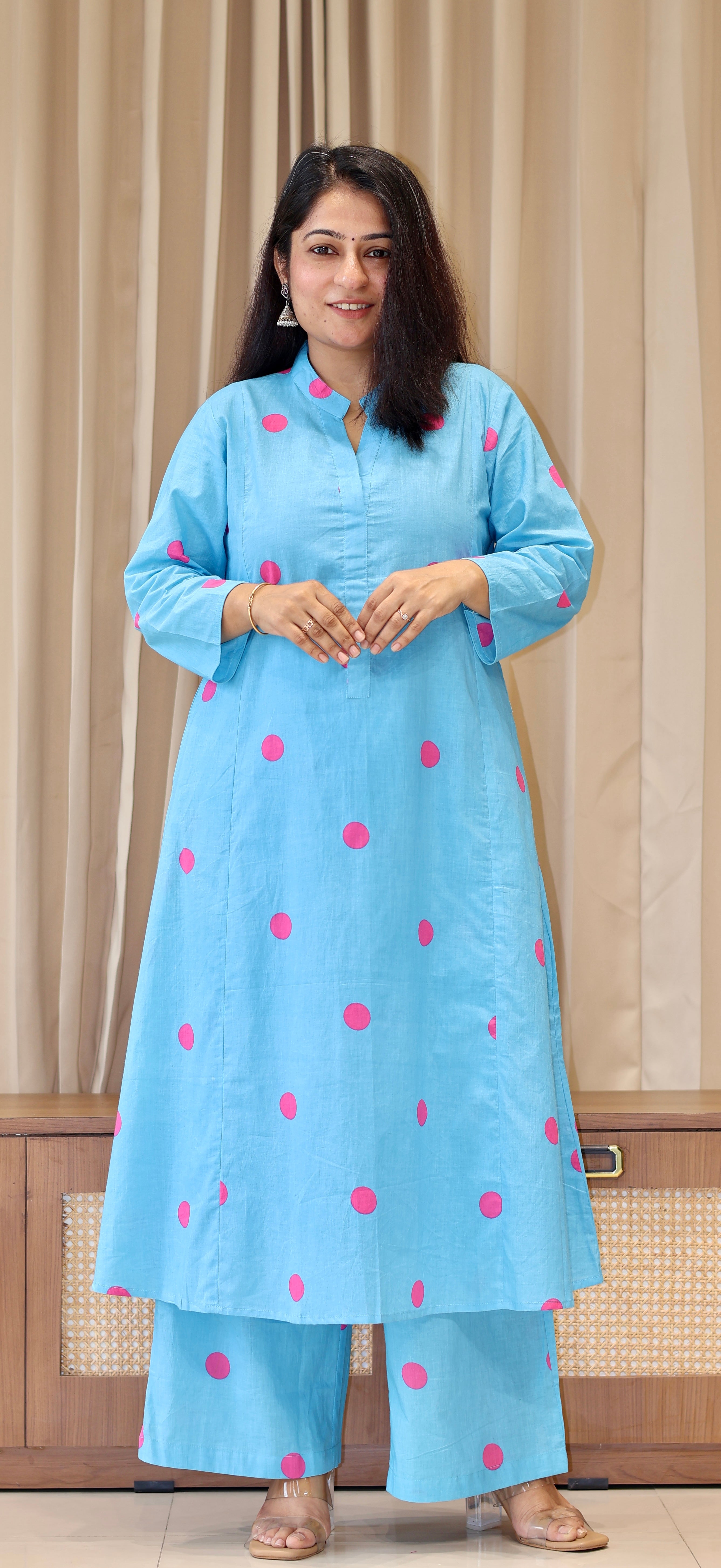 Sky Blue-Pink Polka Dots Cotton Kurta Set