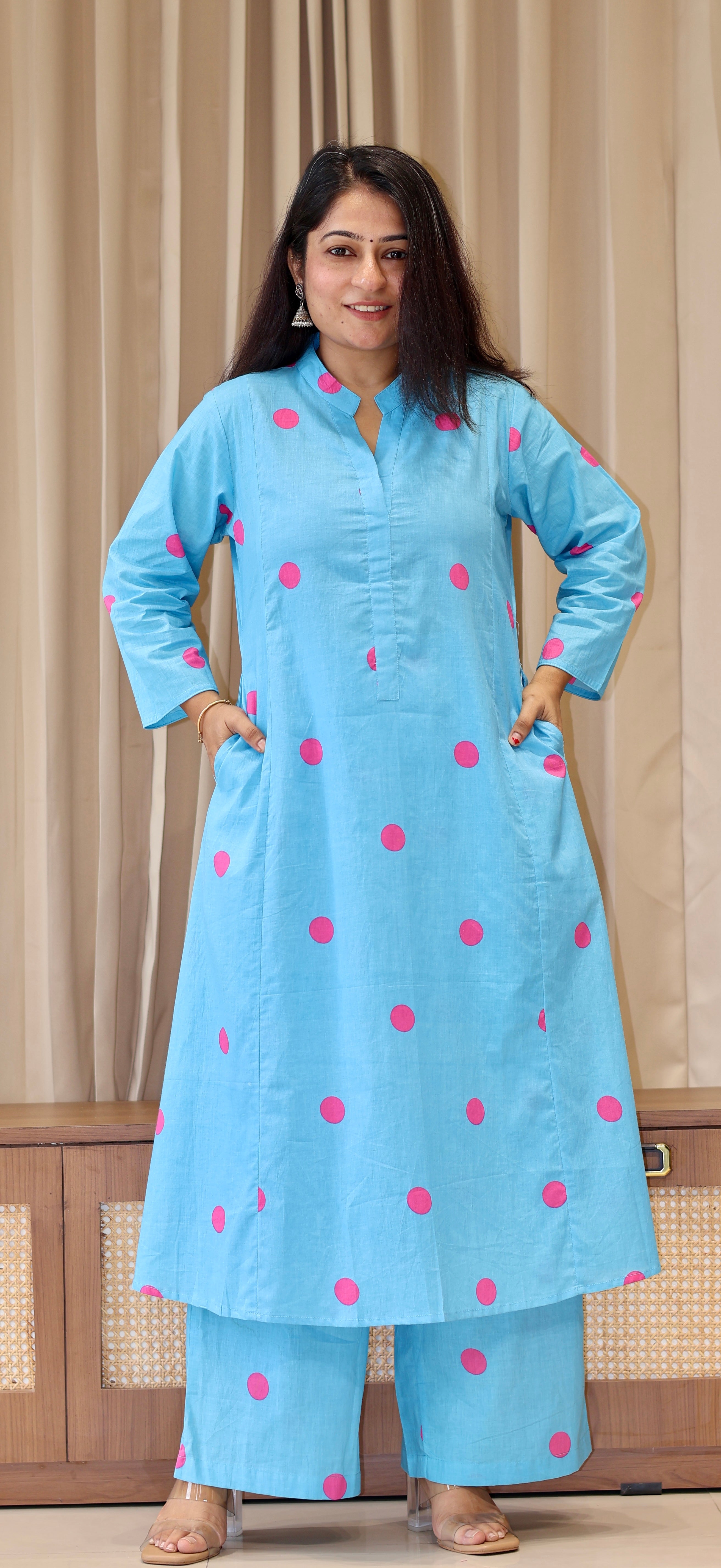 Sky Blue-Pink Polka Dots Cotton Kurta Set