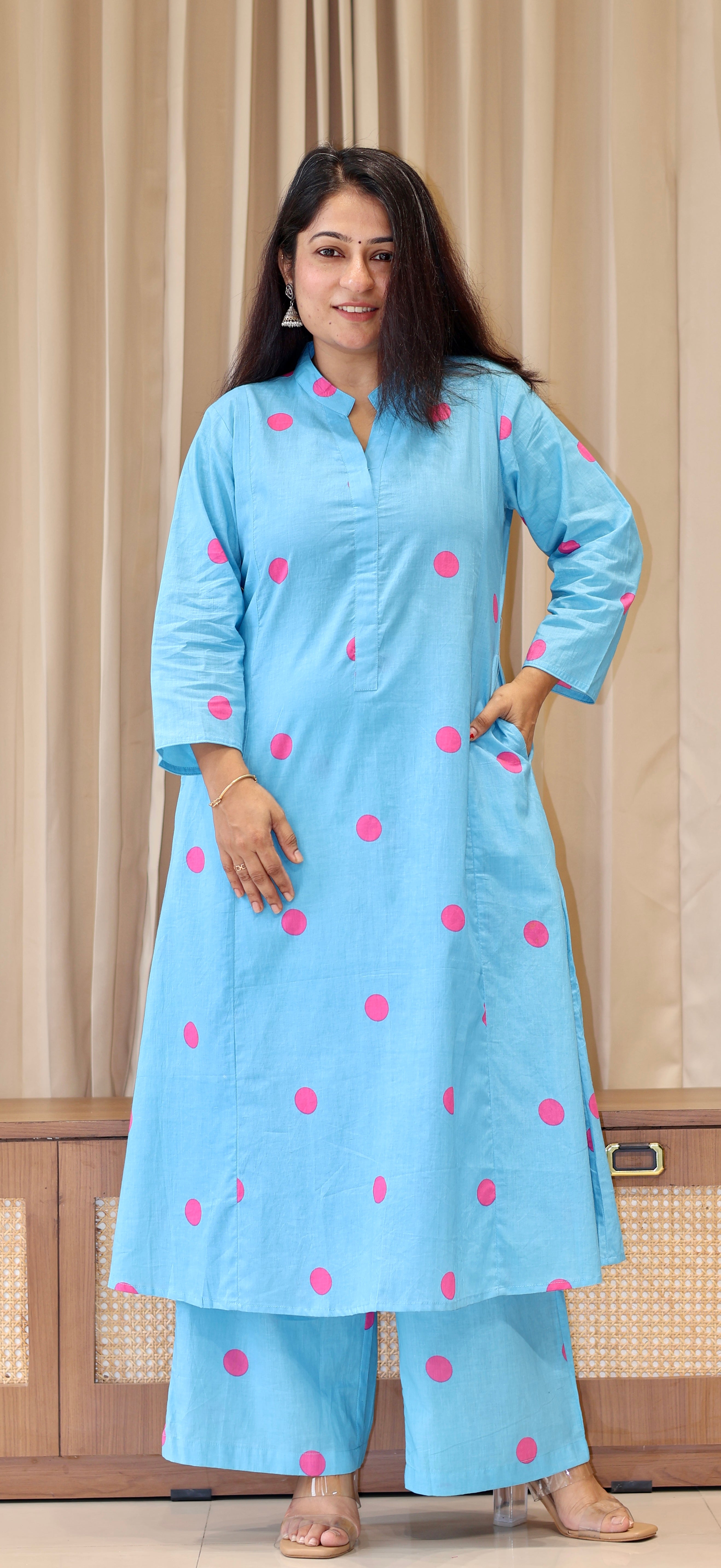 Sky Blue-Pink Polka Dots Cotton Kurta Set