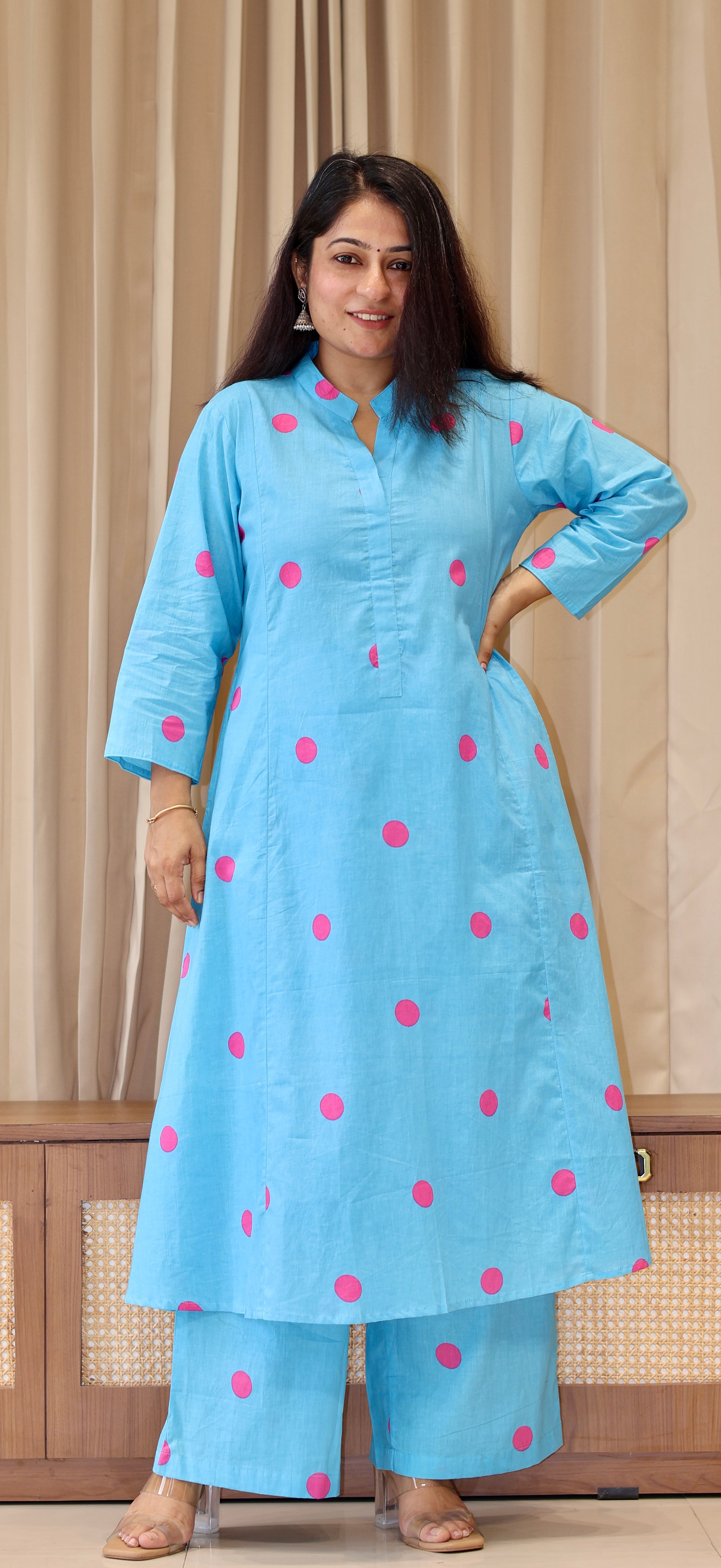 Sky Blue-Pink Polka Dots Cotton Kurta Set