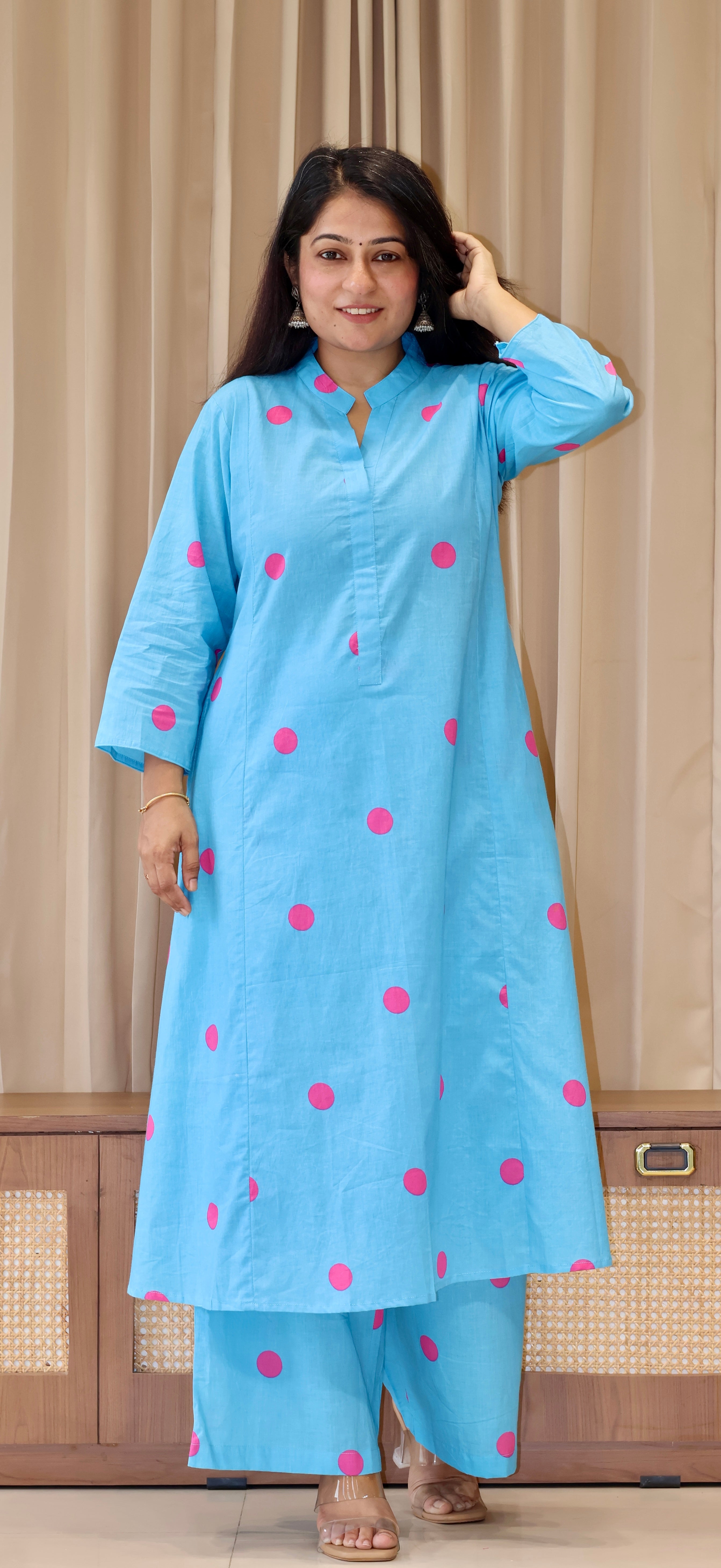Sky Blue-Pink Polka Dots Cotton Kurta Set