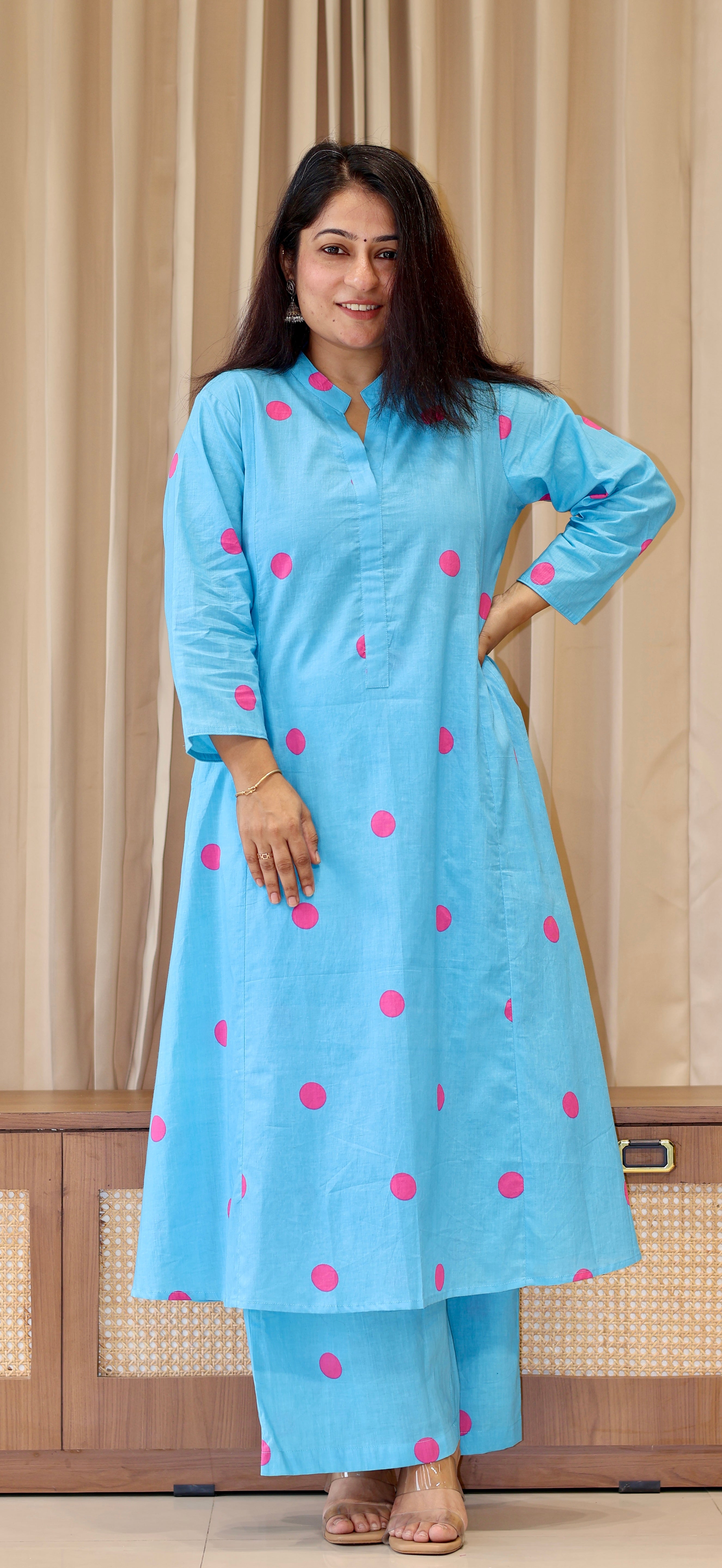 Sky Blue-Pink Polka Dots Cotton Kurta Set