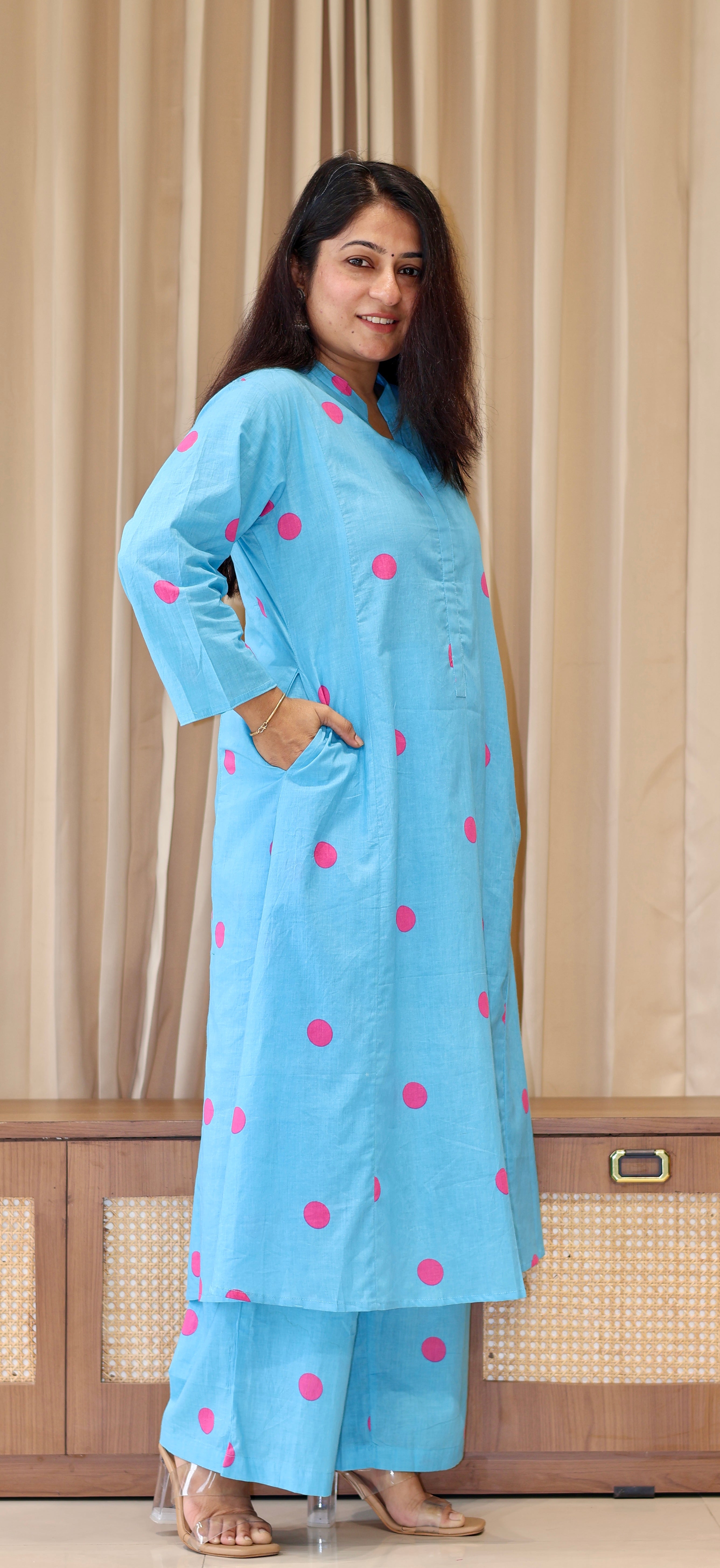Sky Blue-Pink Polka Dots Cotton Kurta Set