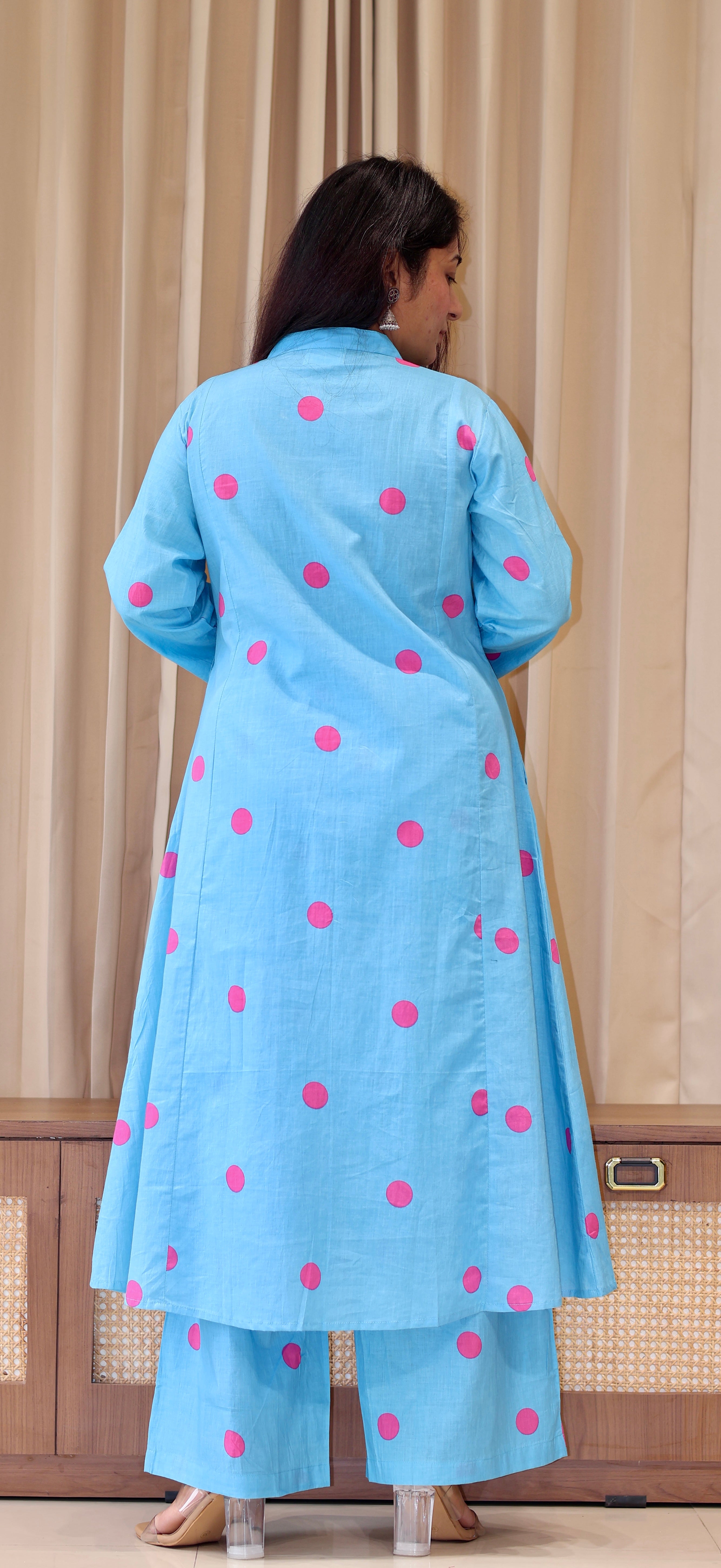 Sky Blue-Pink Polka Dots Cotton Kurta Set