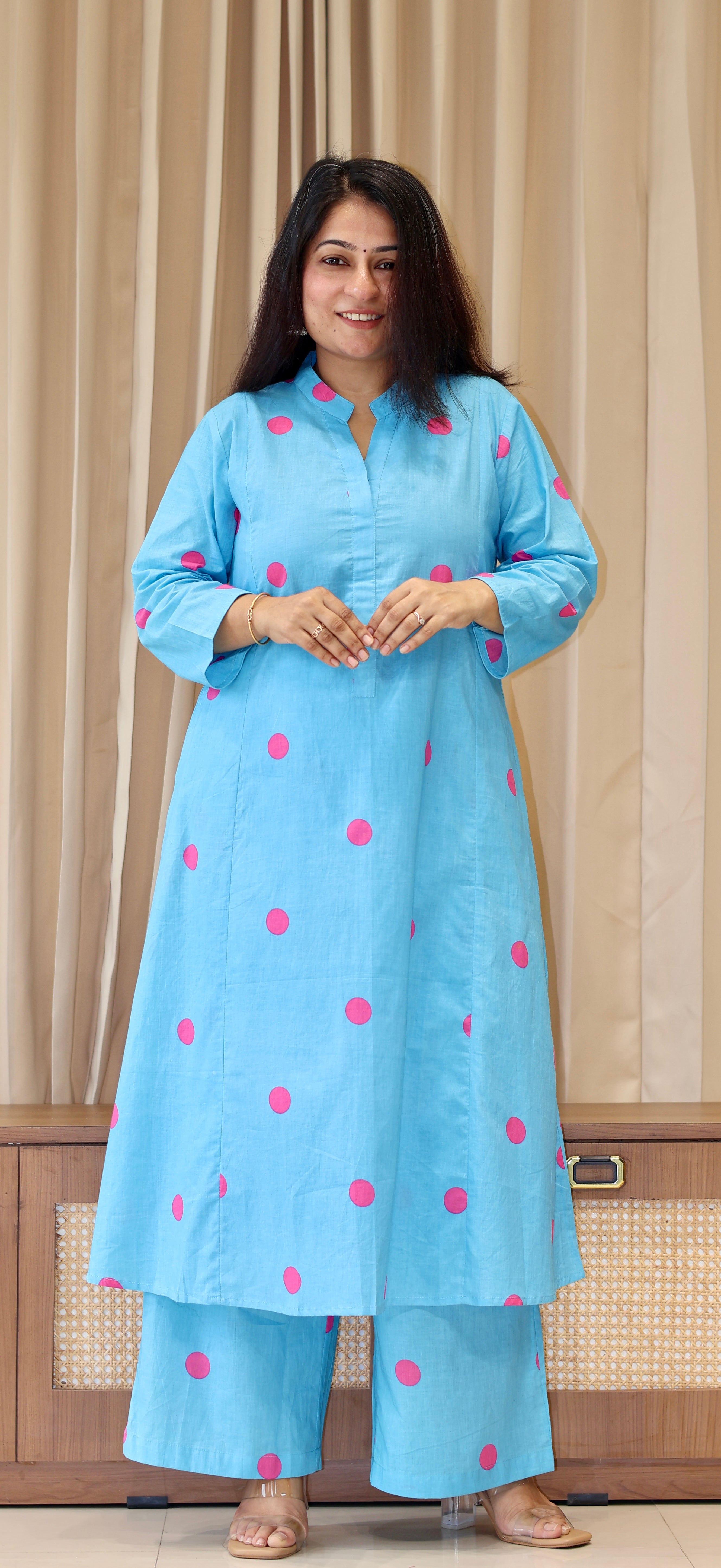 Sky Blue-Pink Polka Dots Cotton Kurta Set