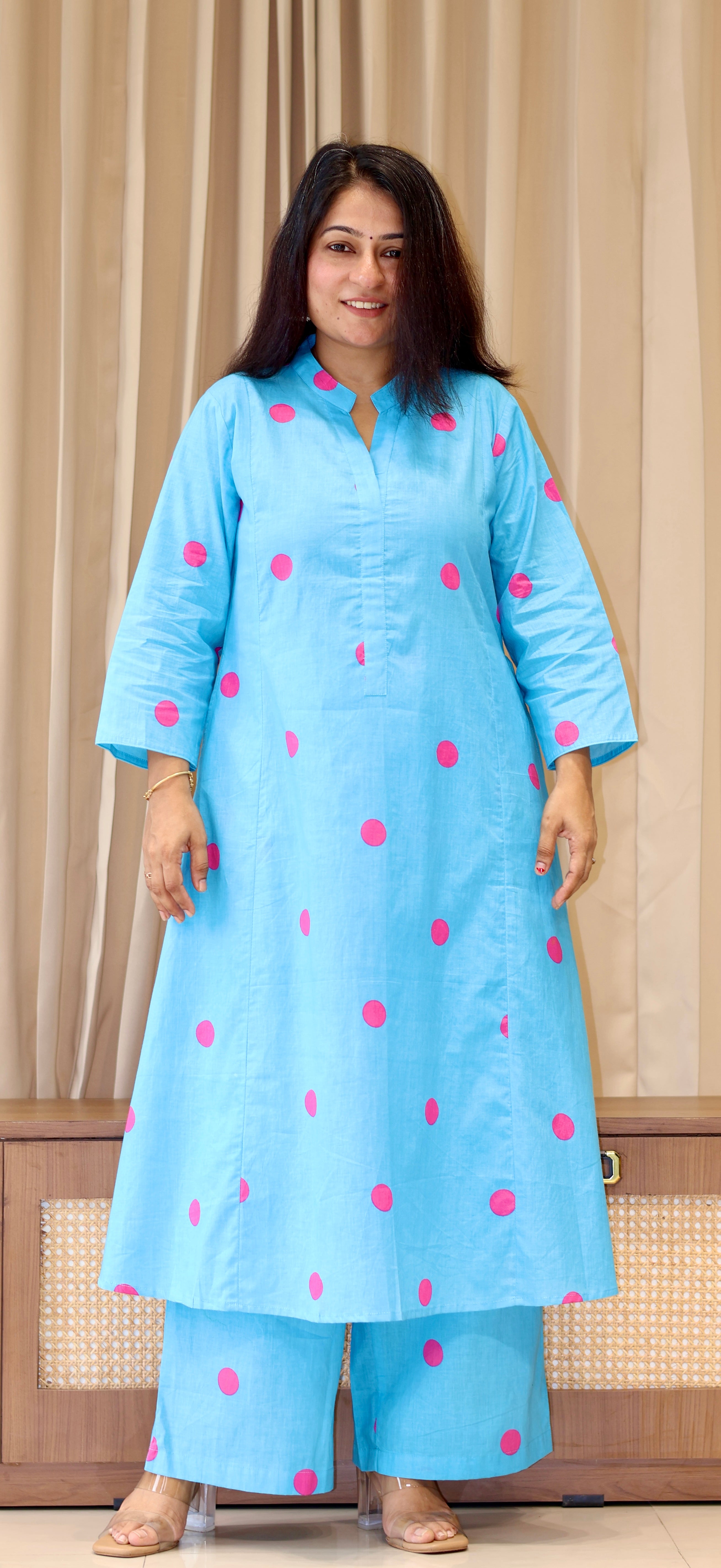 Sky Blue-Pink Polka Dots Cotton Kurta Set