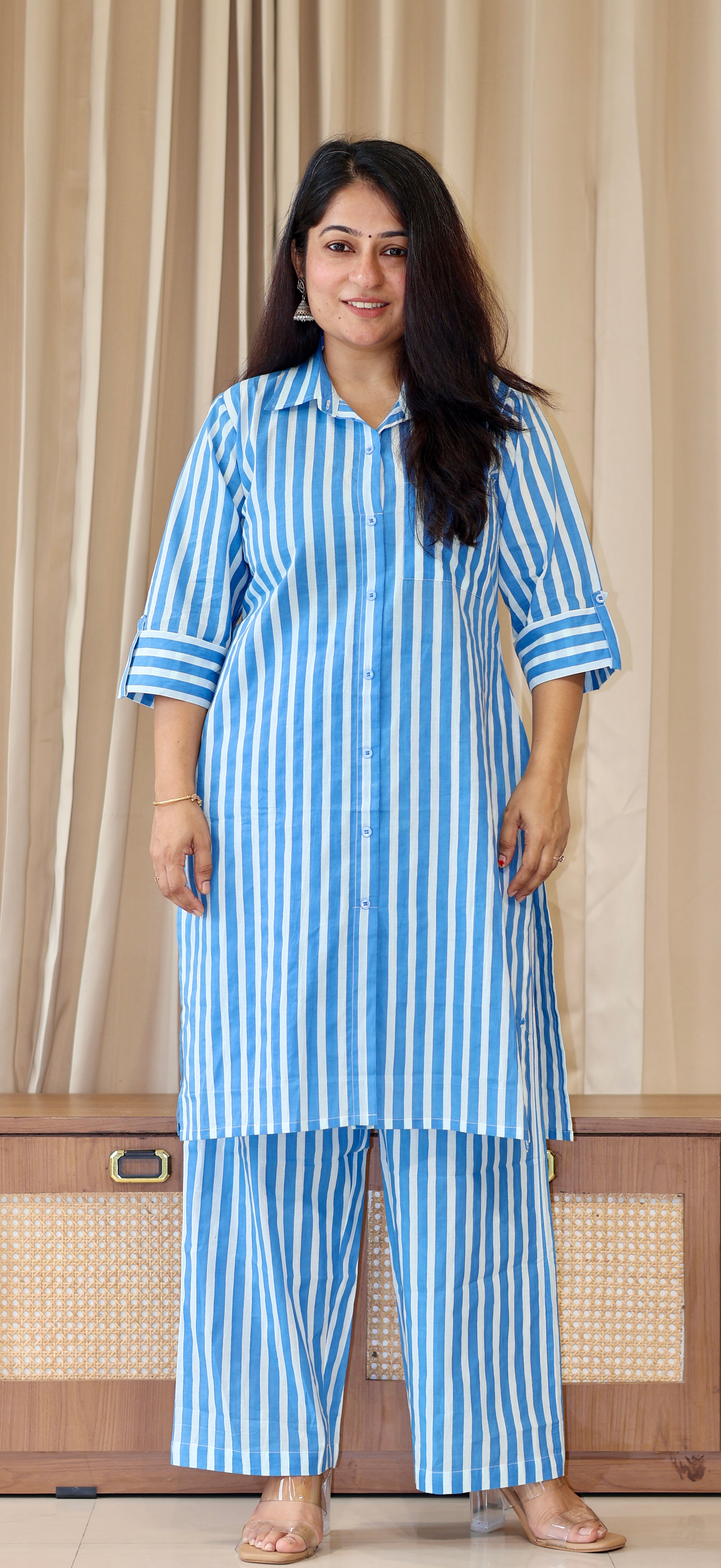 Blue/Ivory Stripes Cotton Co-ord Set