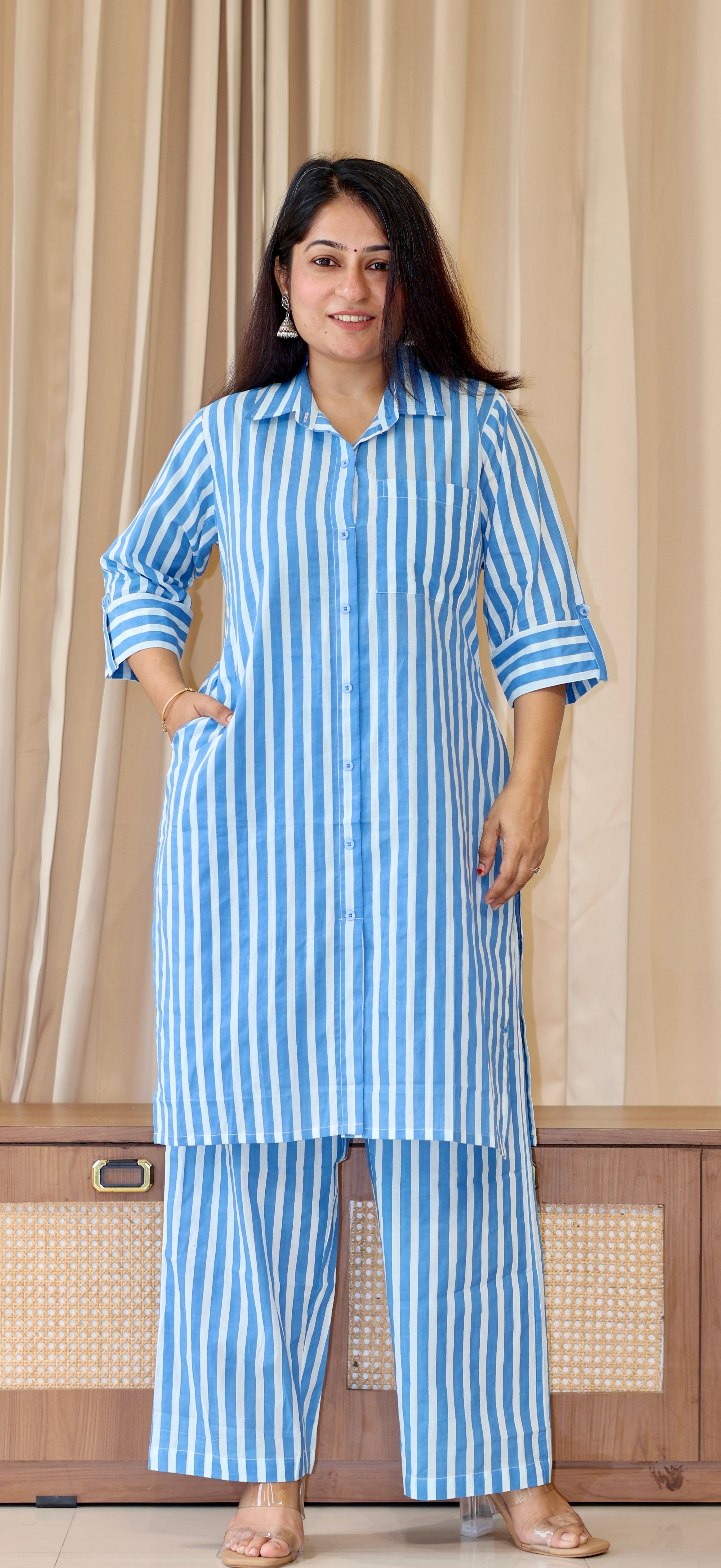 Blue/Ivory Stripes Cotton Co-ord Set