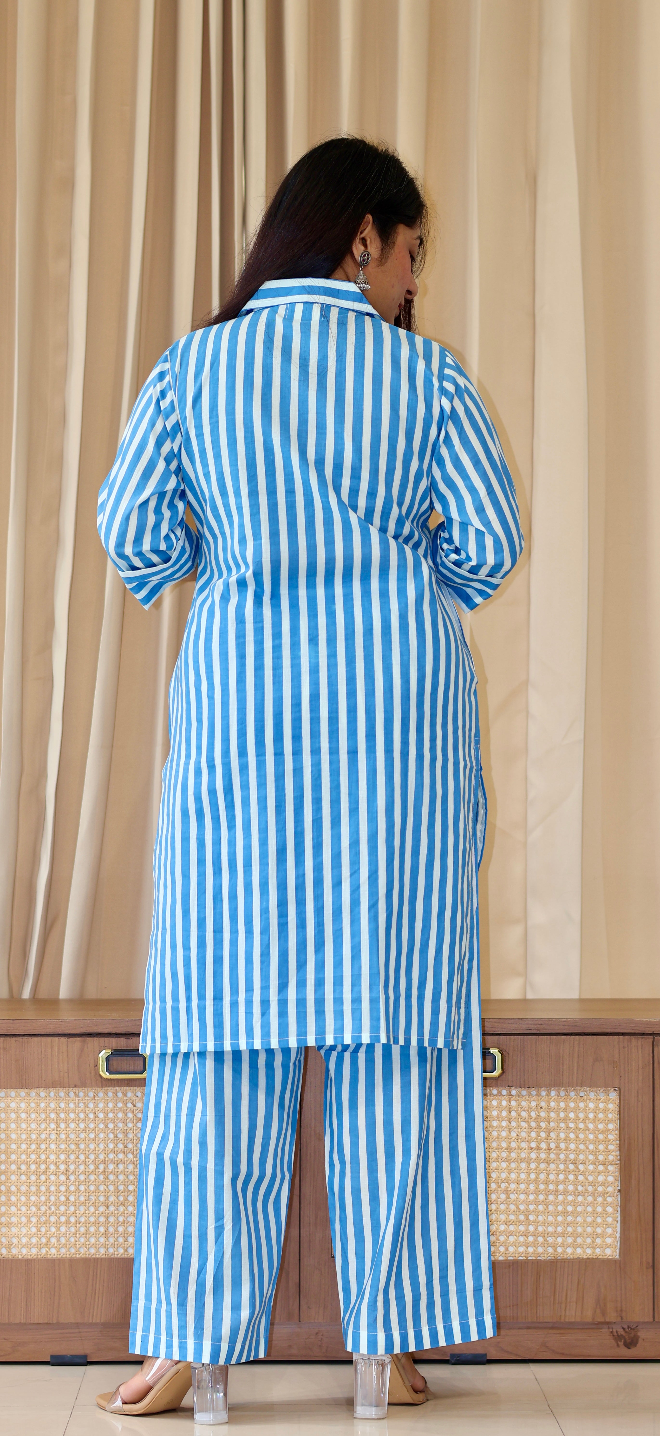Blue/Ivory Stripes Cotton Co-ord Set
