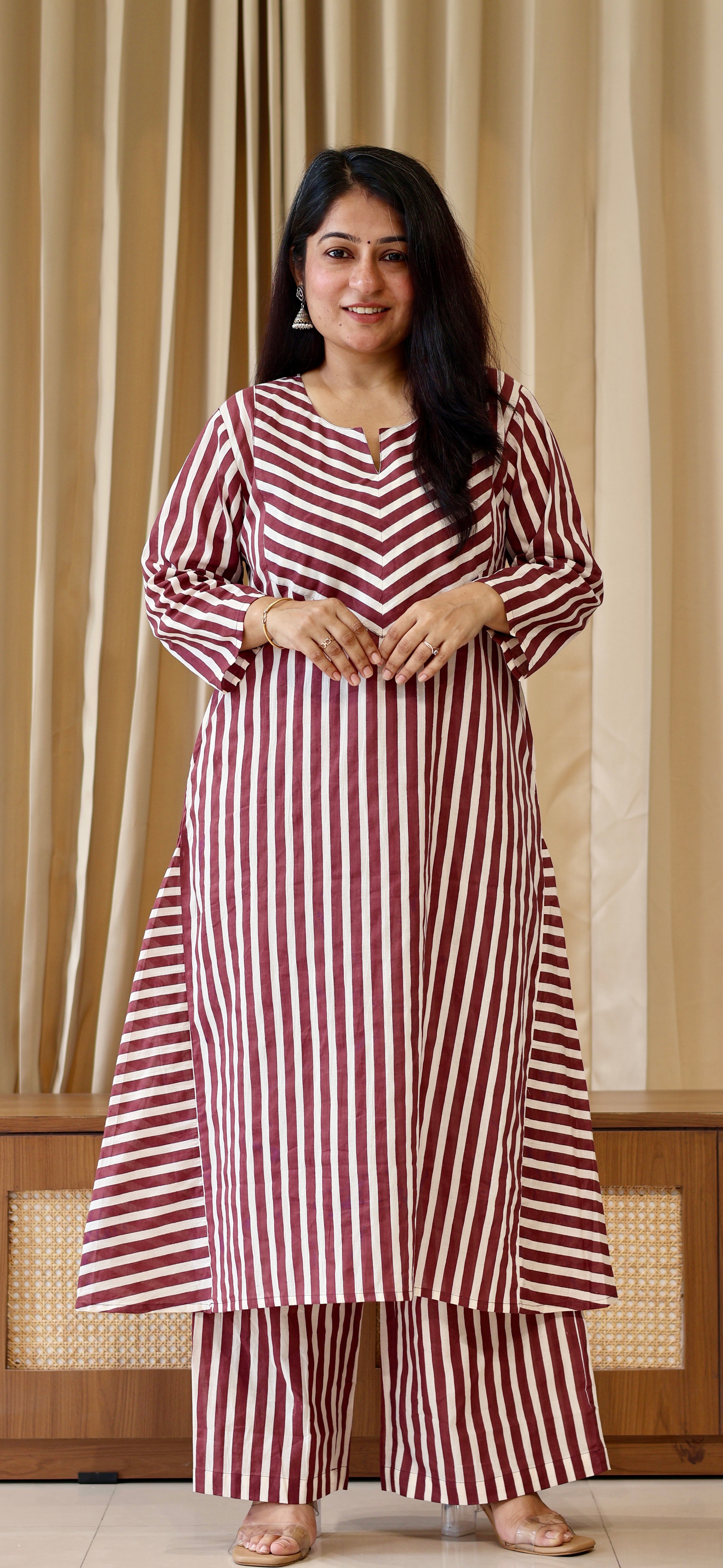 Brown/Ivory Stripes Cotton Kurta Set