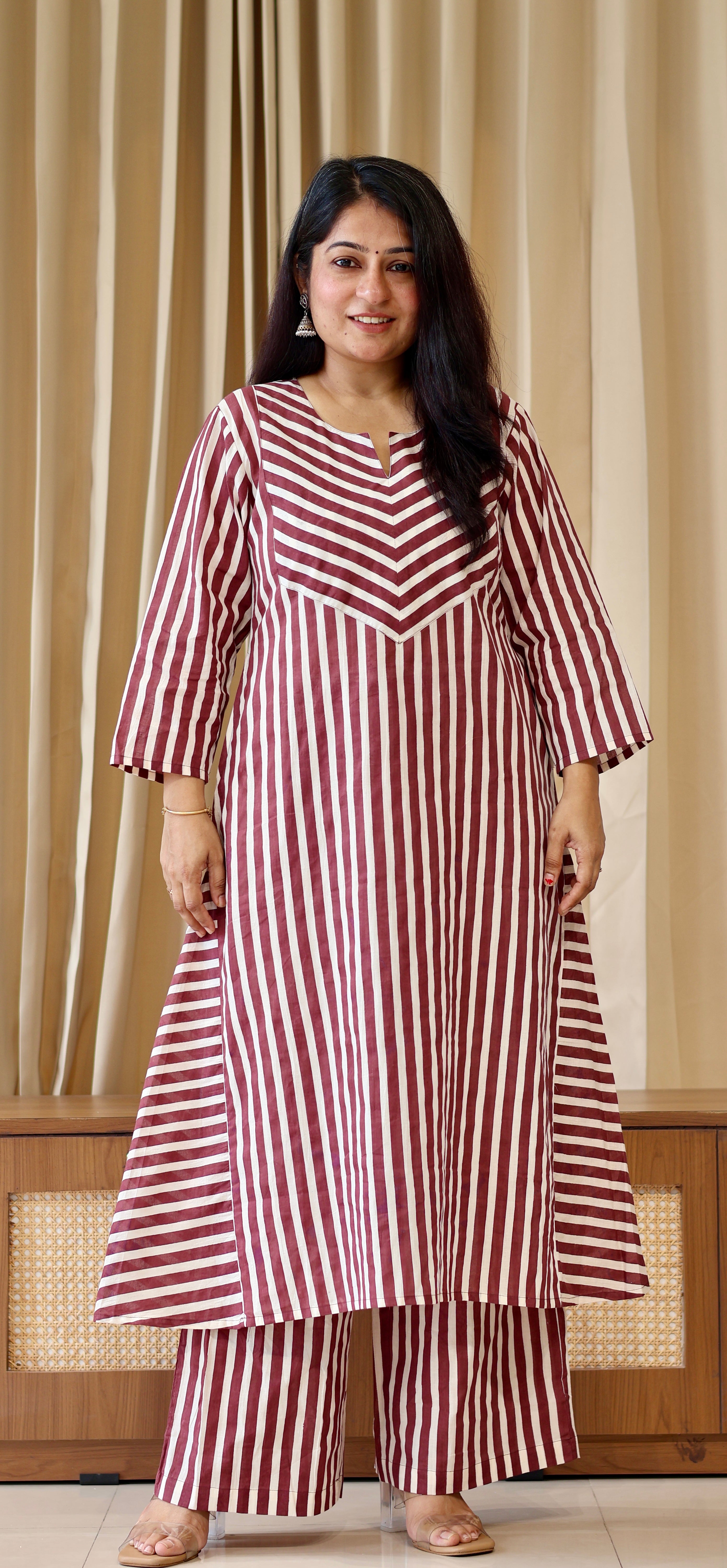 Brown/Ivory Stripes Cotton Kurta Set