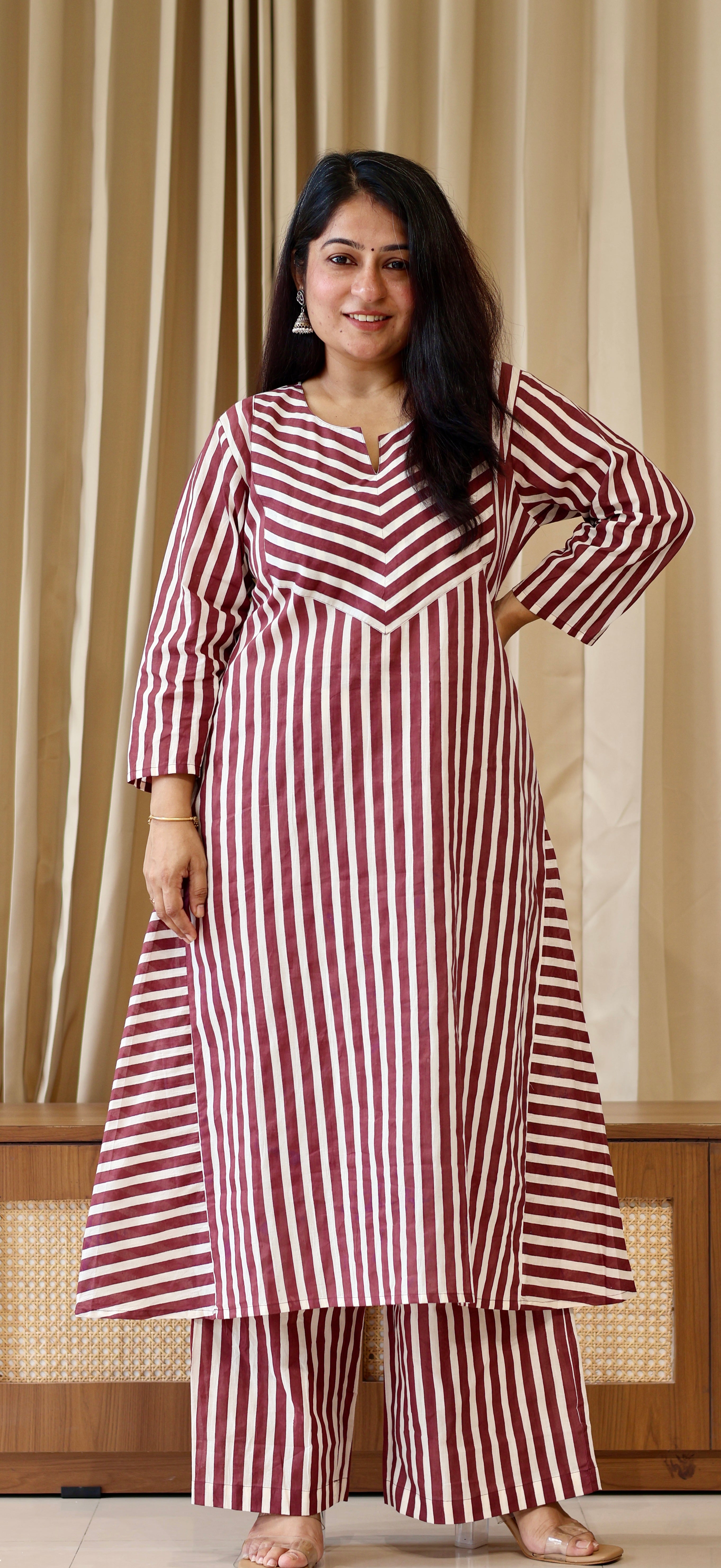 Brown/Ivory Stripes Cotton Kurta Set
