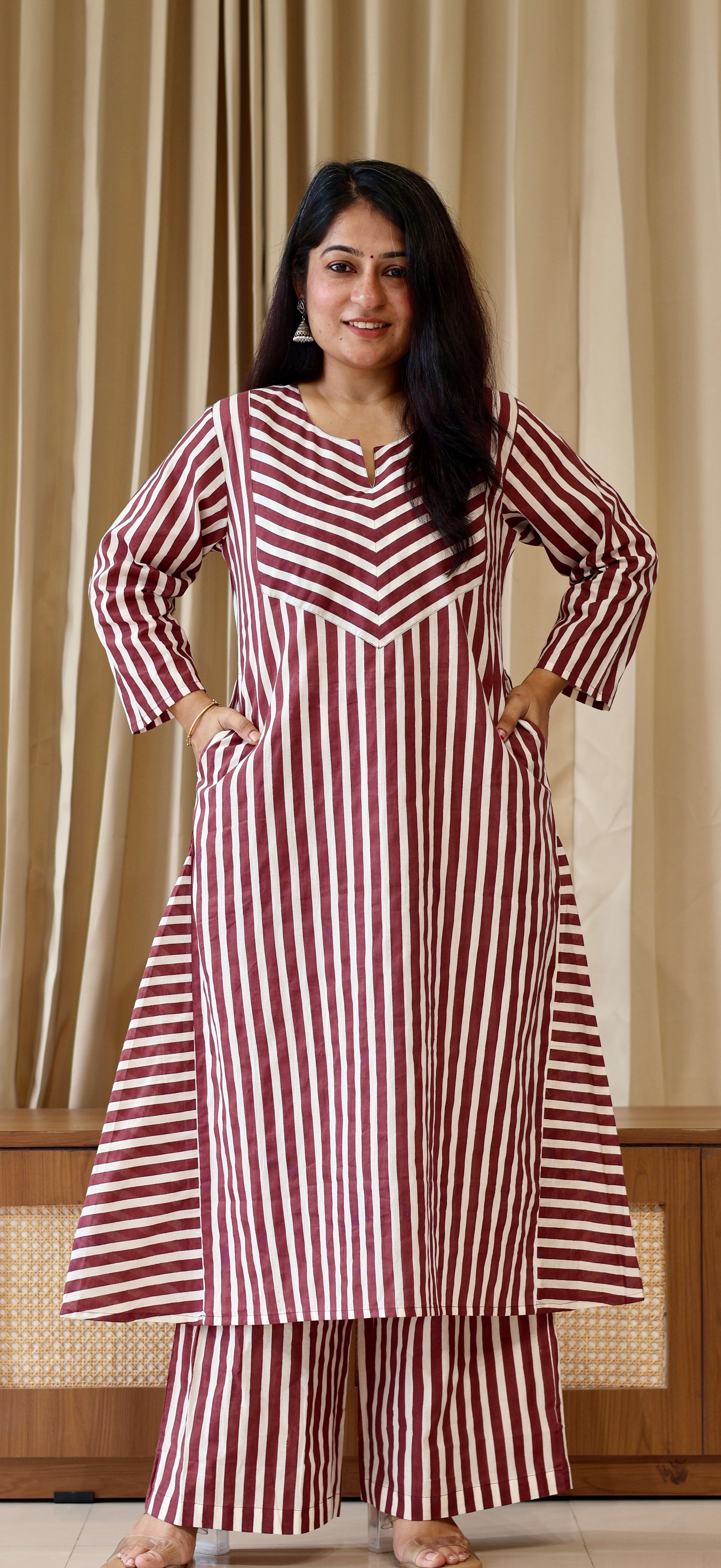 Brown/Ivory Stripes Cotton Kurta Set