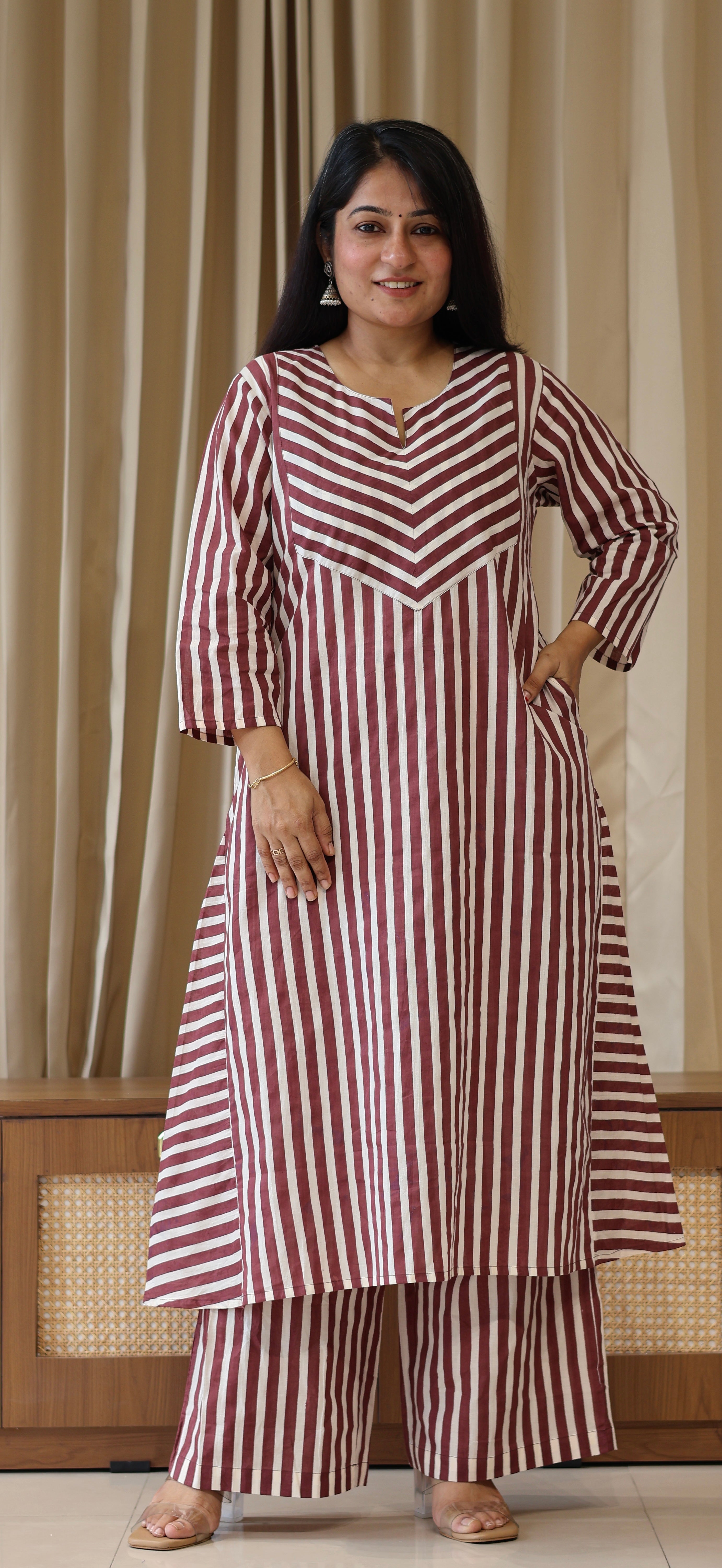 Brown/Ivory Stripes Cotton Kurta Set