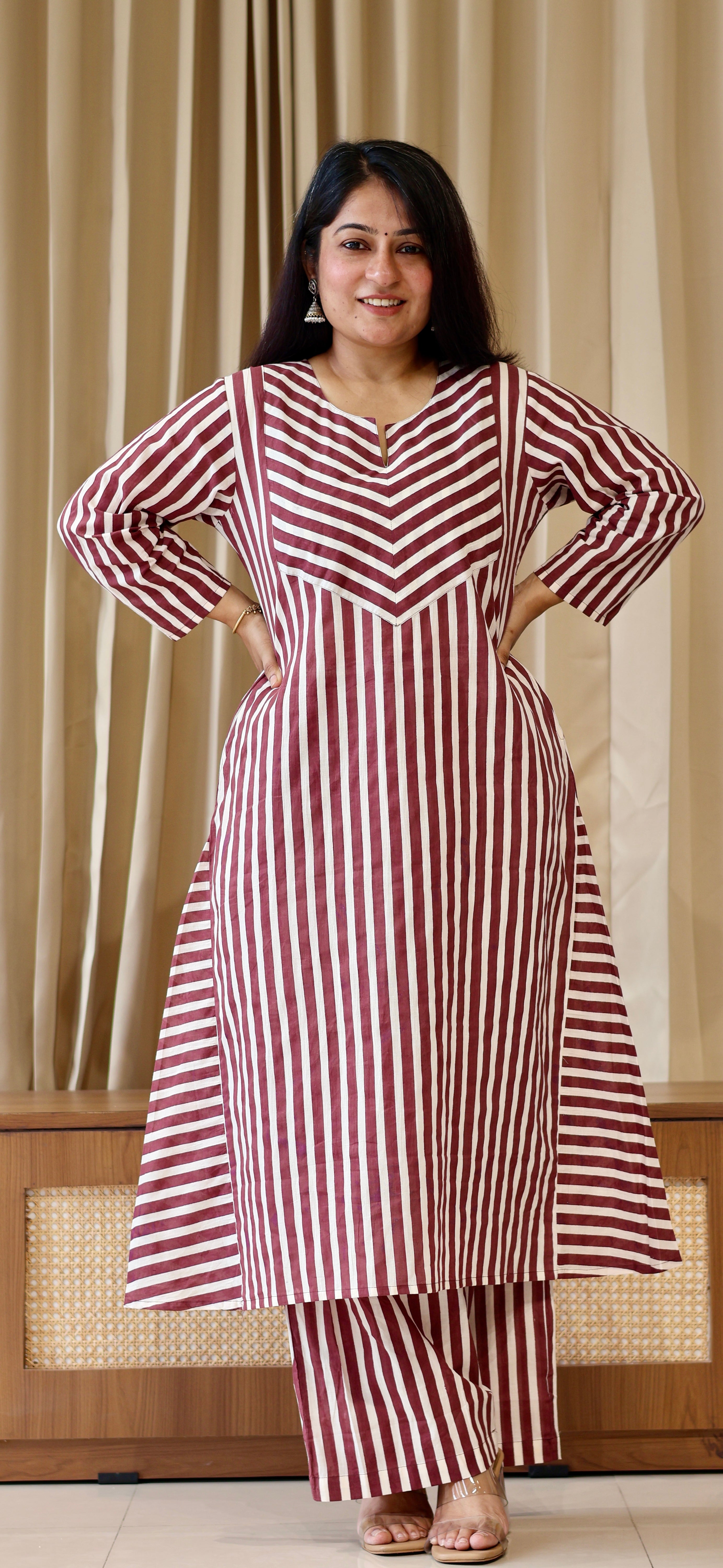Brown/Ivory Stripes Cotton Kurta Set