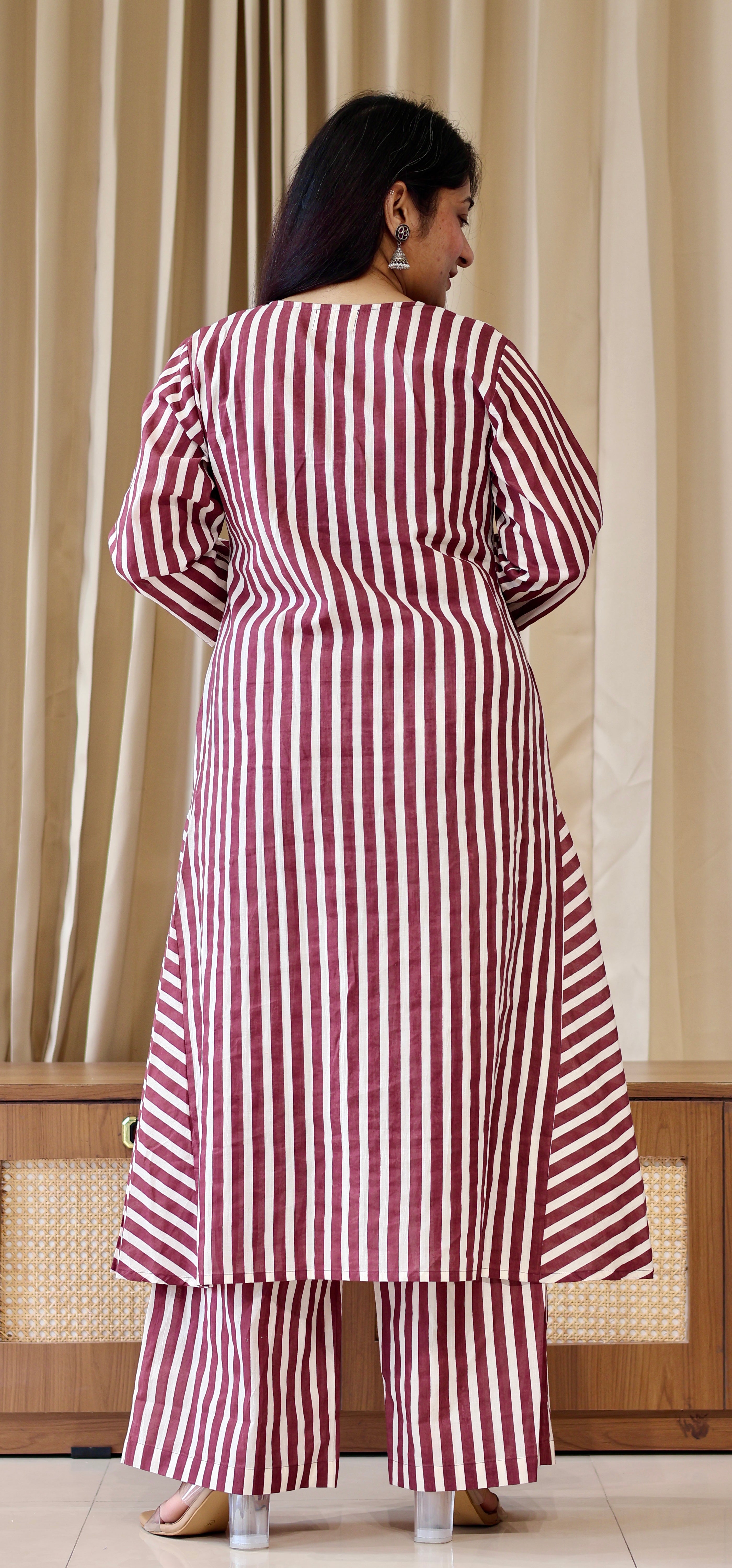 Brown/Ivory Stripes Cotton Kurta Set