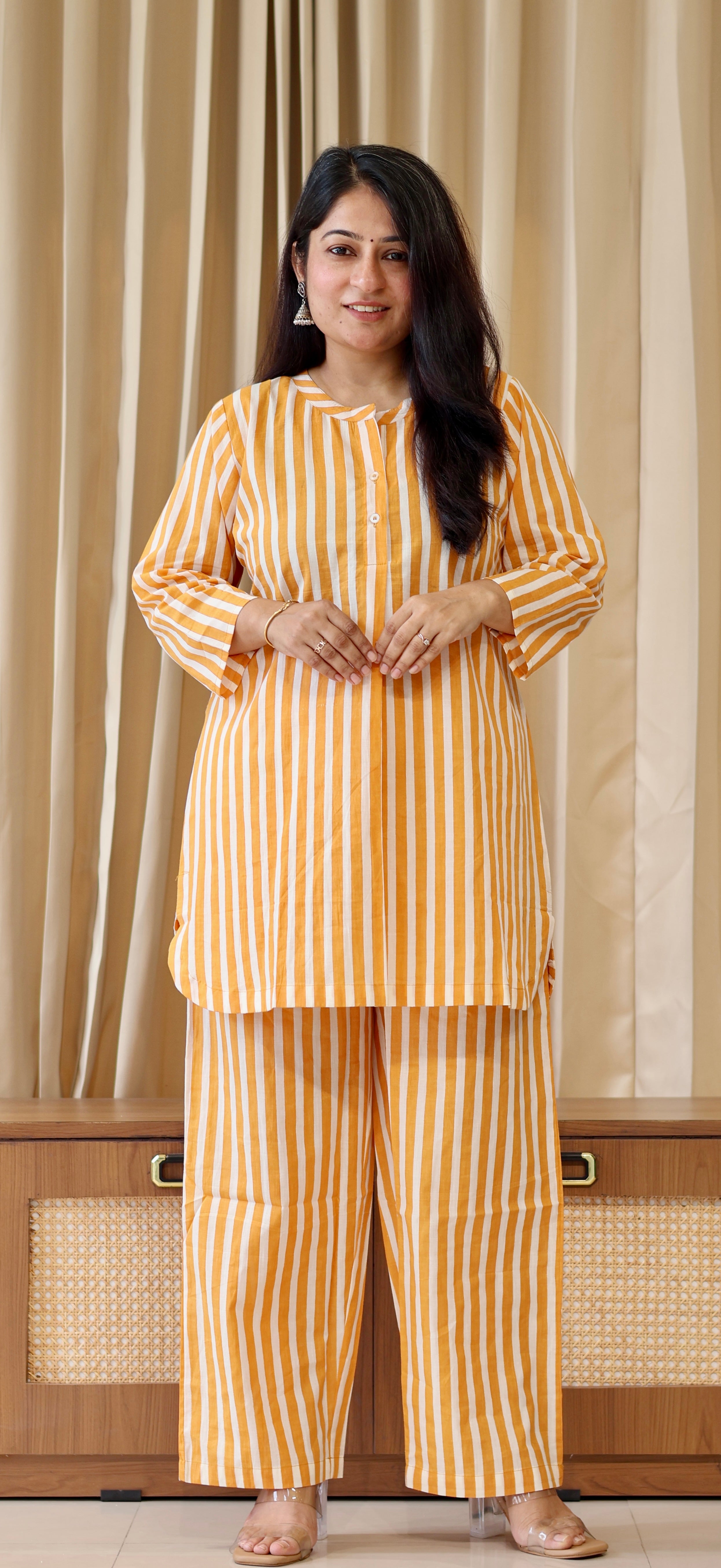 Mustard Yellow/Ivory Stripes Cotton Kurta Set
