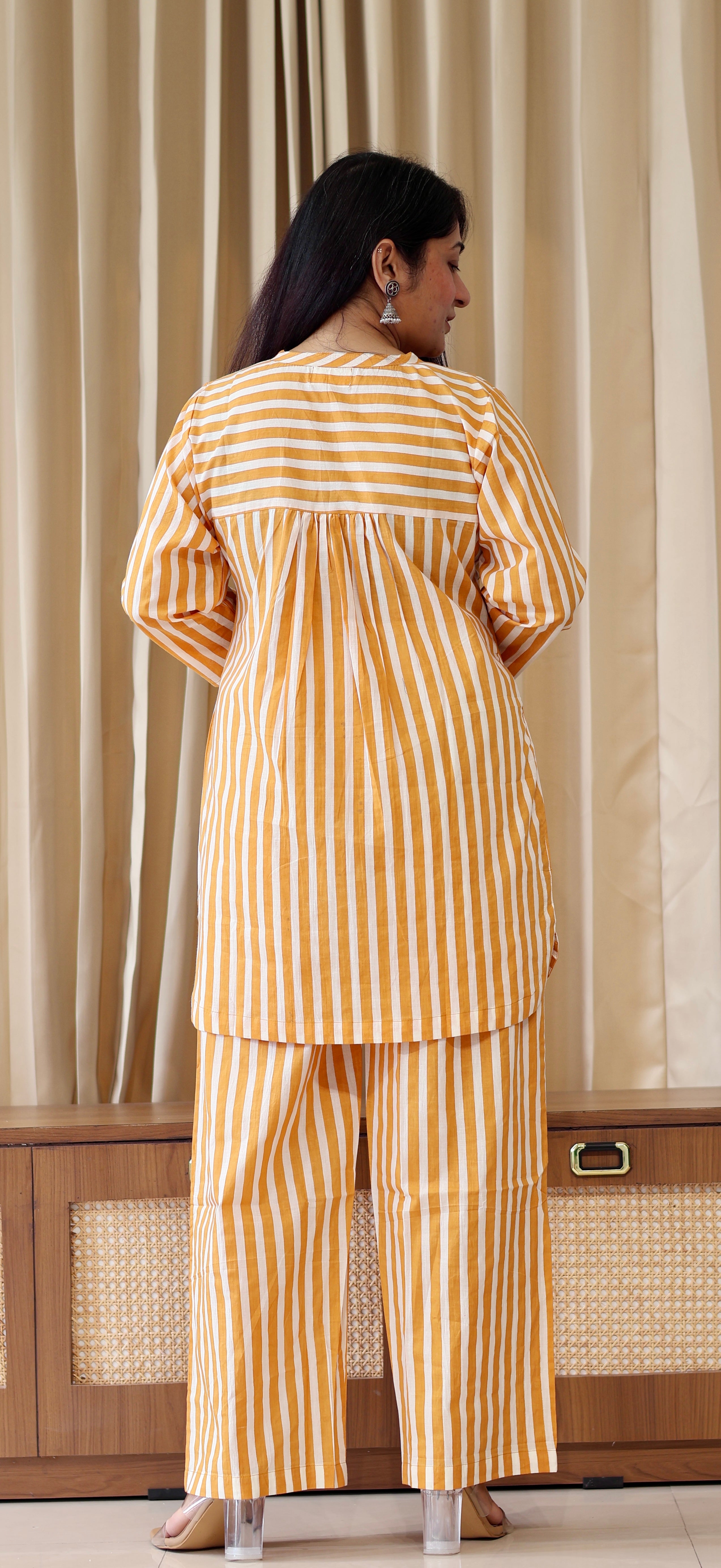 Mustard Yellow/Ivory Stripes Cotton Kurta Set