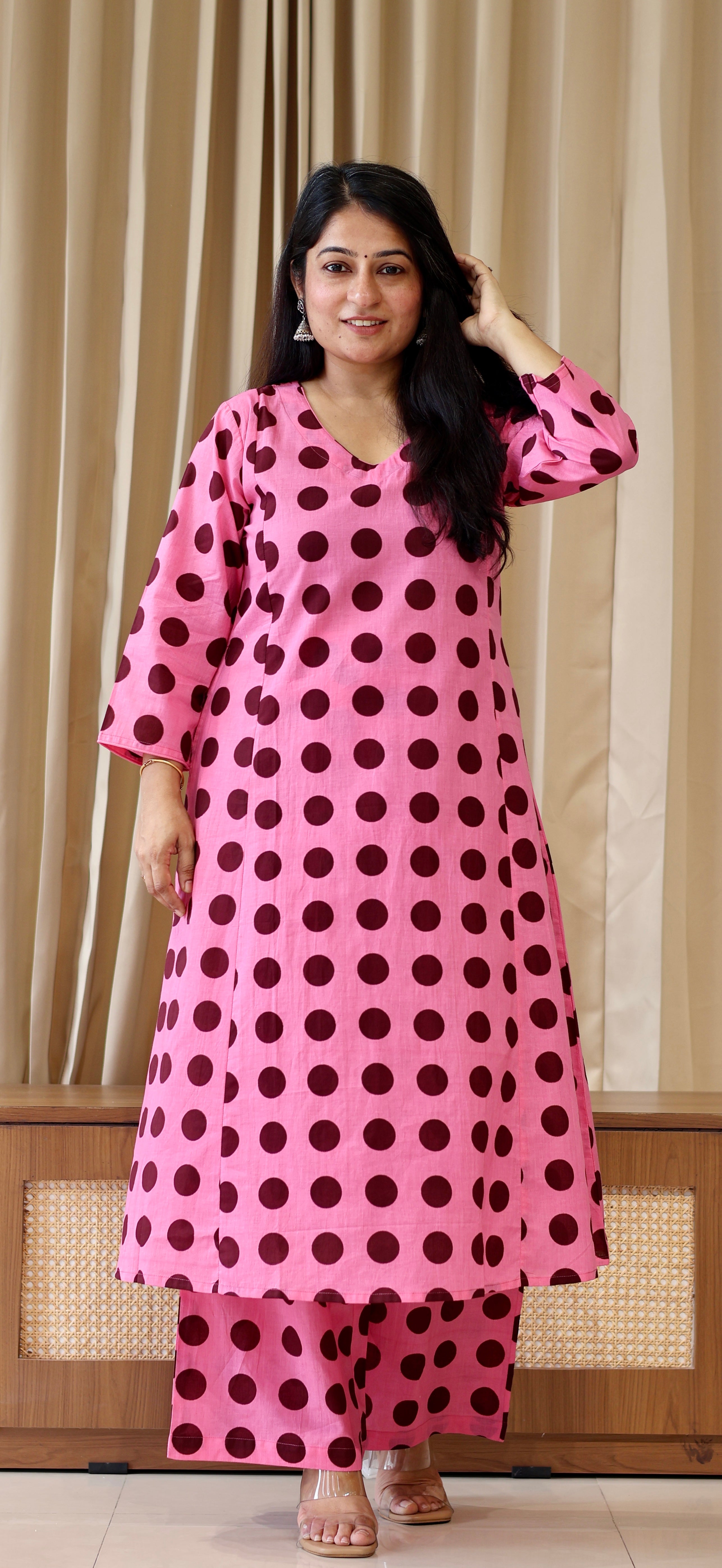 Pink-Brown Polka Dots Cotton Kurta Set