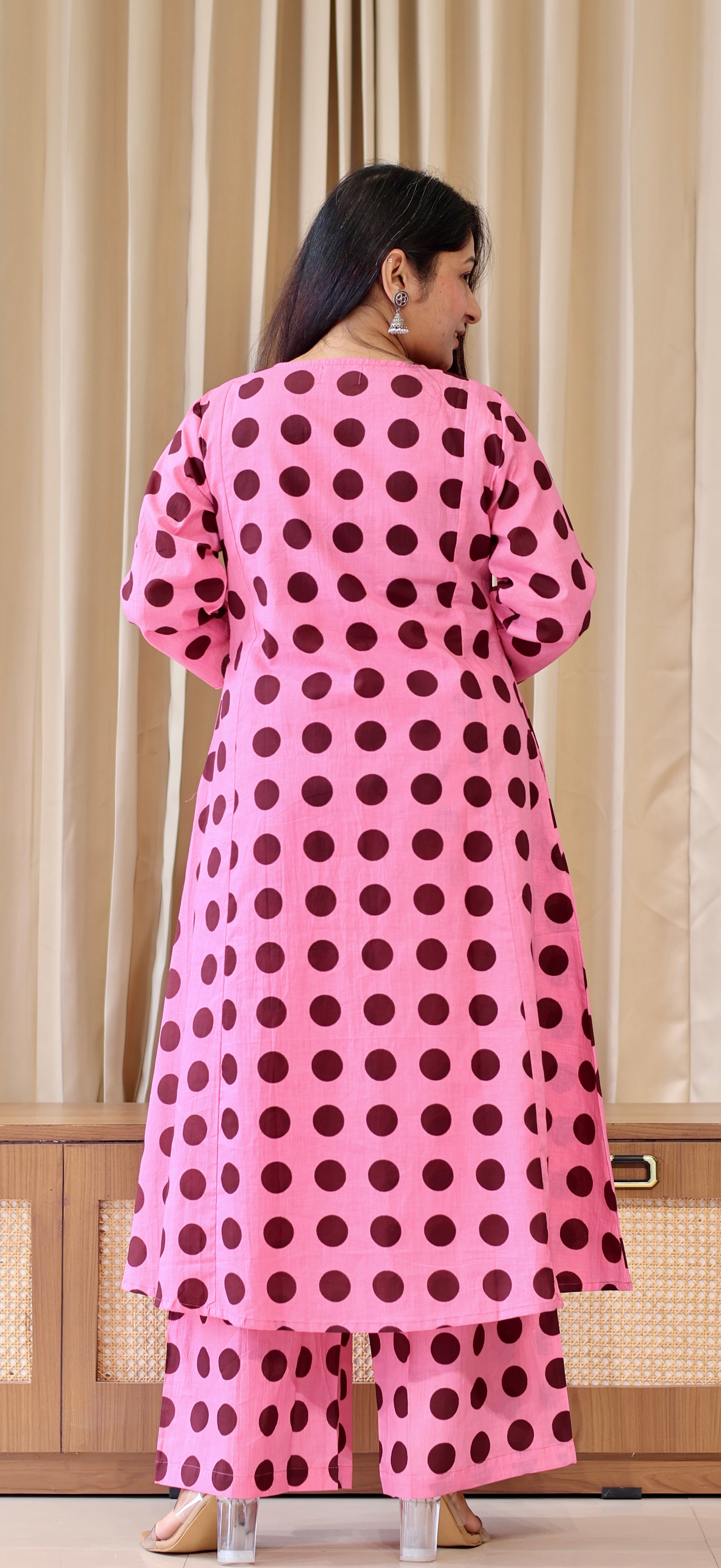 Pink-Brown Polka Dots Cotton Kurta Set
