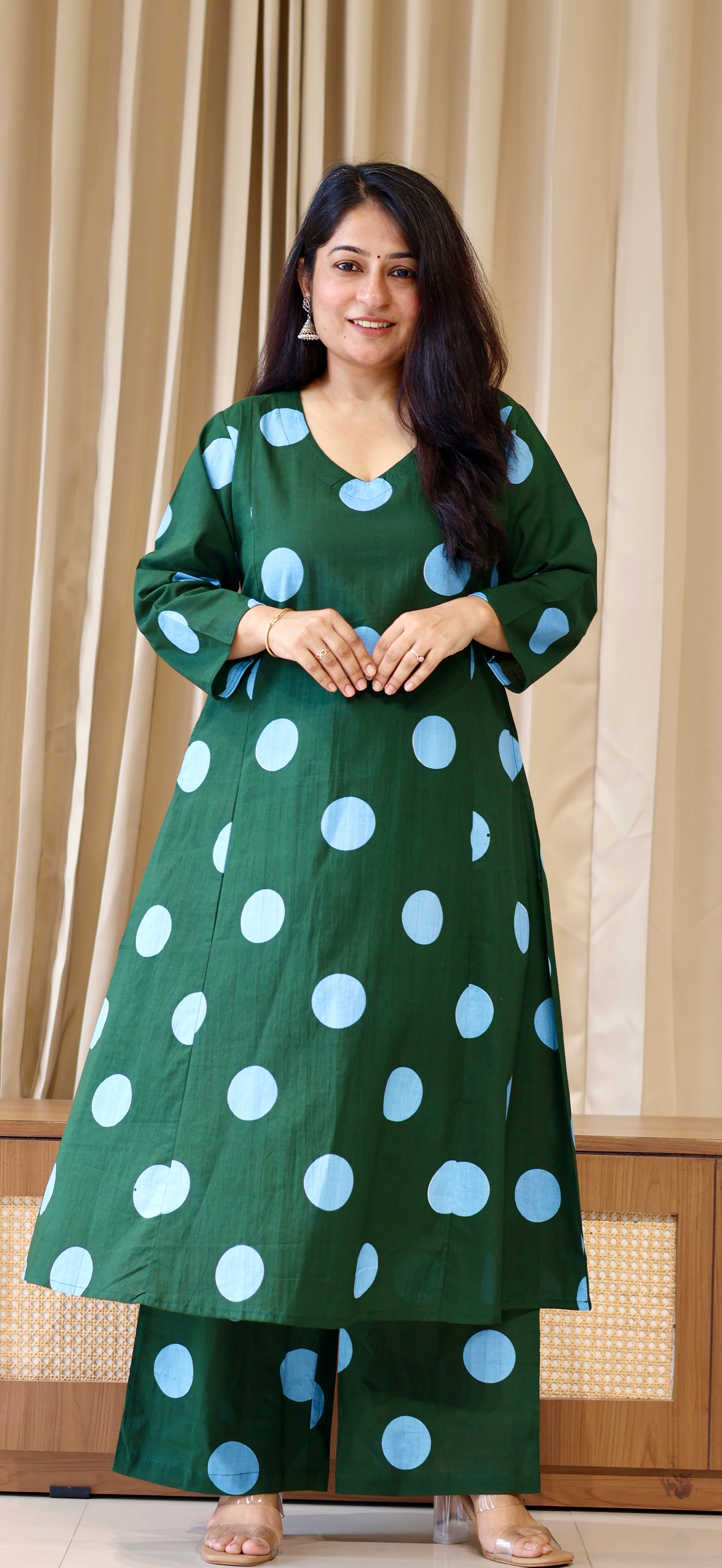 Dark Green-Blue Polka Dots Cotton Kurta Set