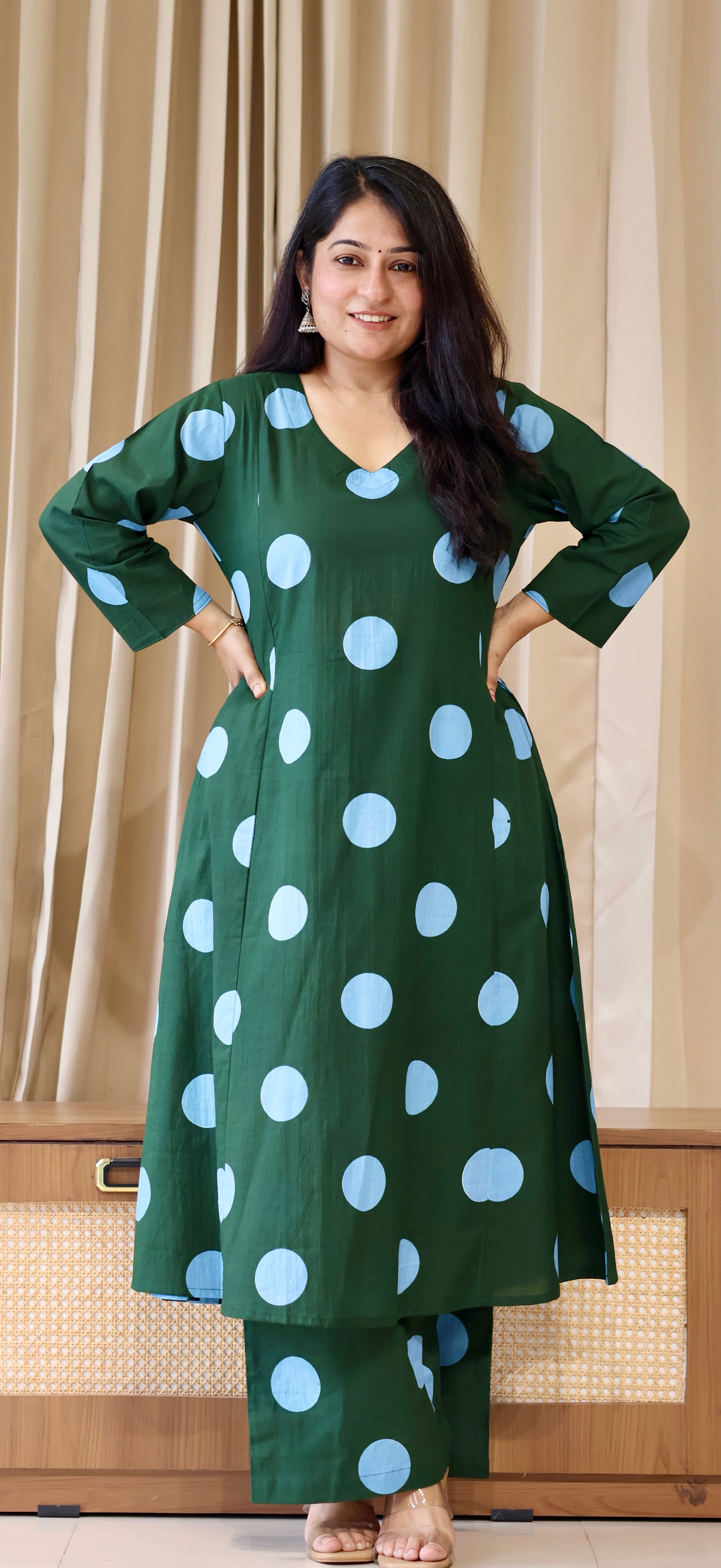 Dark Green-Blue Polka Dots Cotton Kurta Set