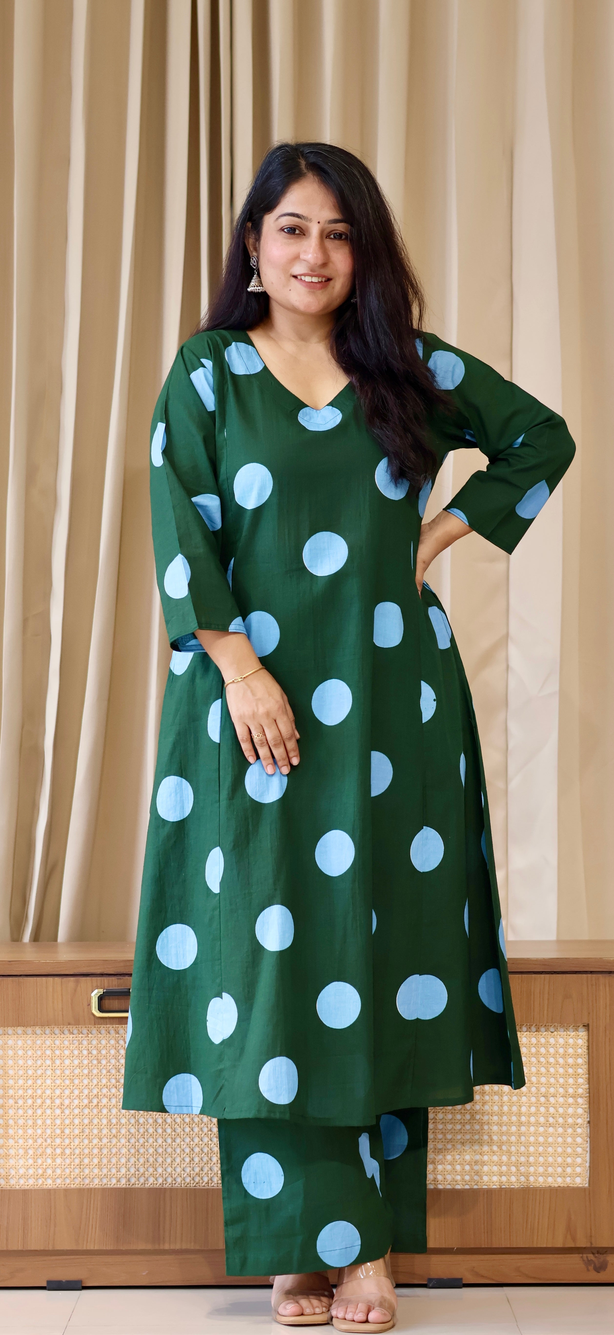 Dark Green-Blue Polka Dots Cotton Kurta Set