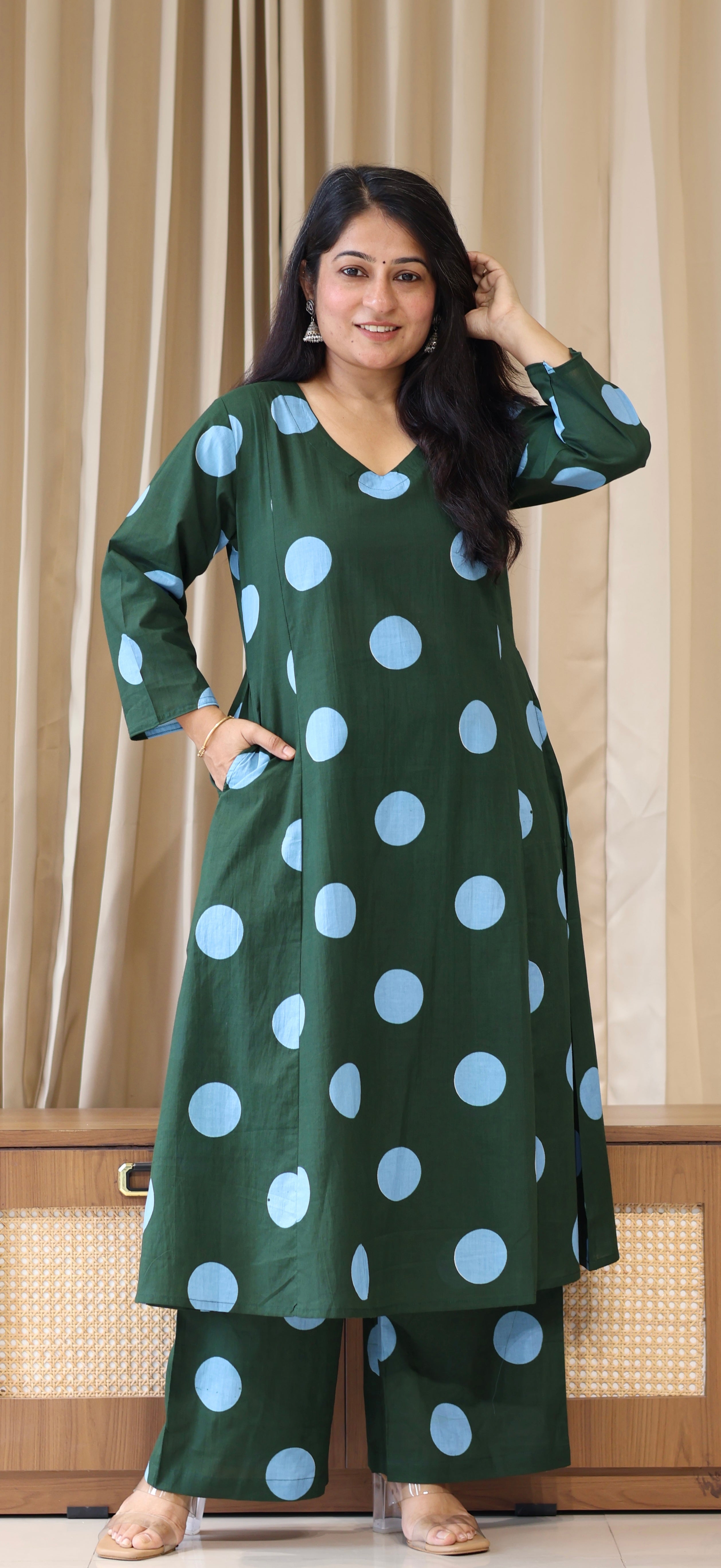 Dark Green-Blue Polka Dots Cotton Kurta Set