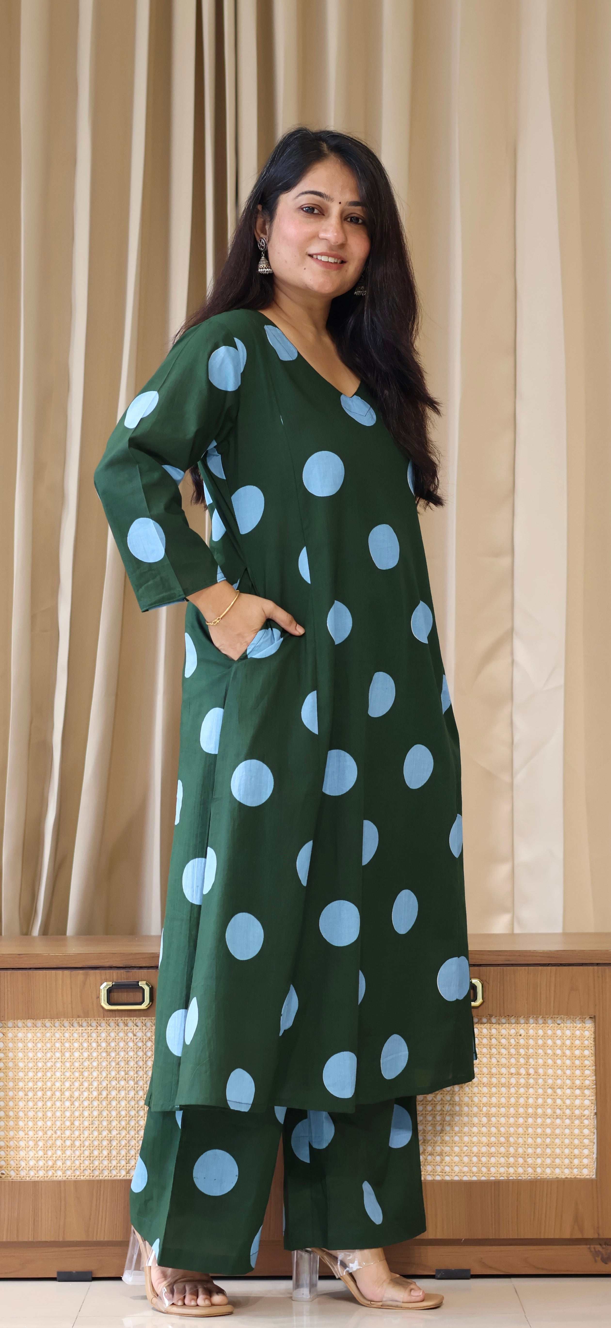 Dark Green-Blue Polka Dots Cotton Kurta Set