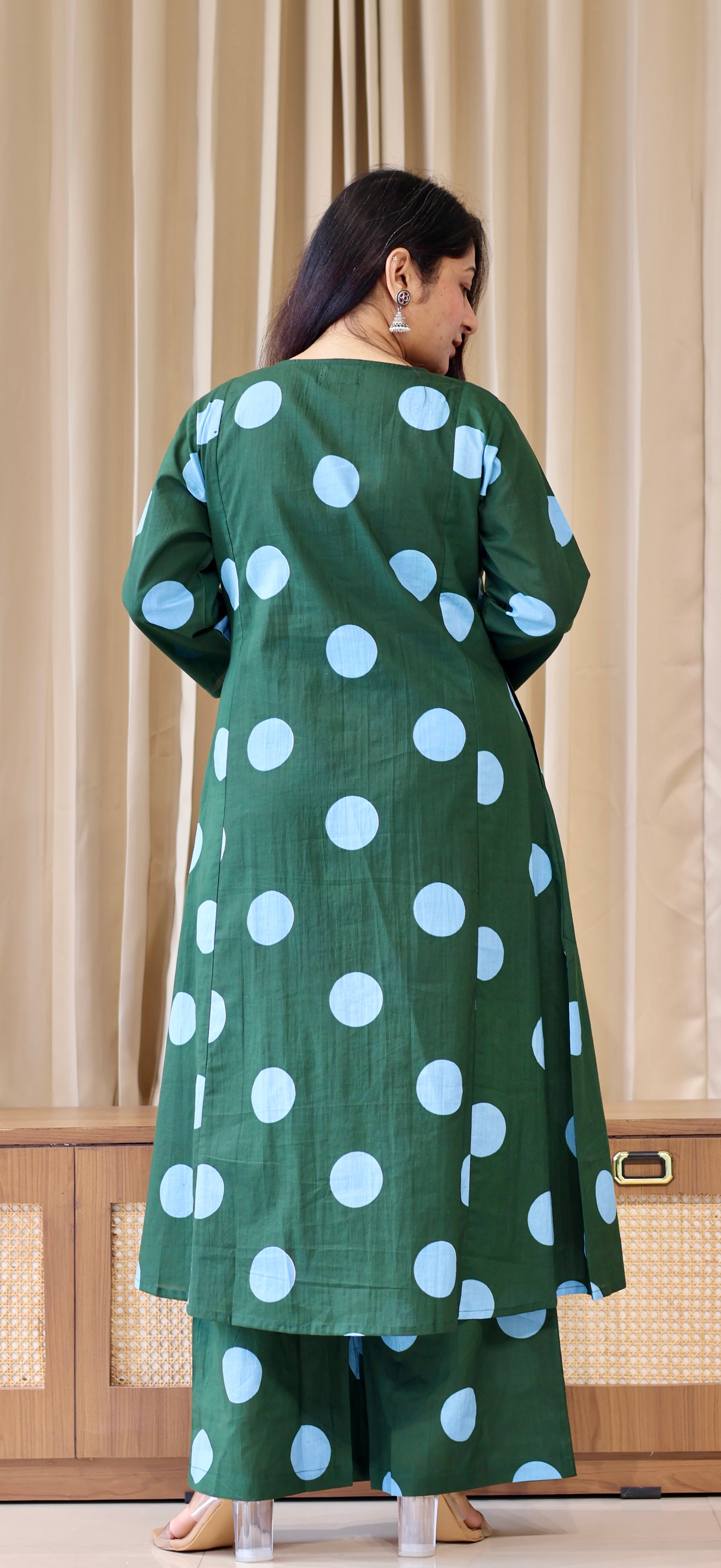 Dark Green-Blue Polka Dots Cotton Kurta Set