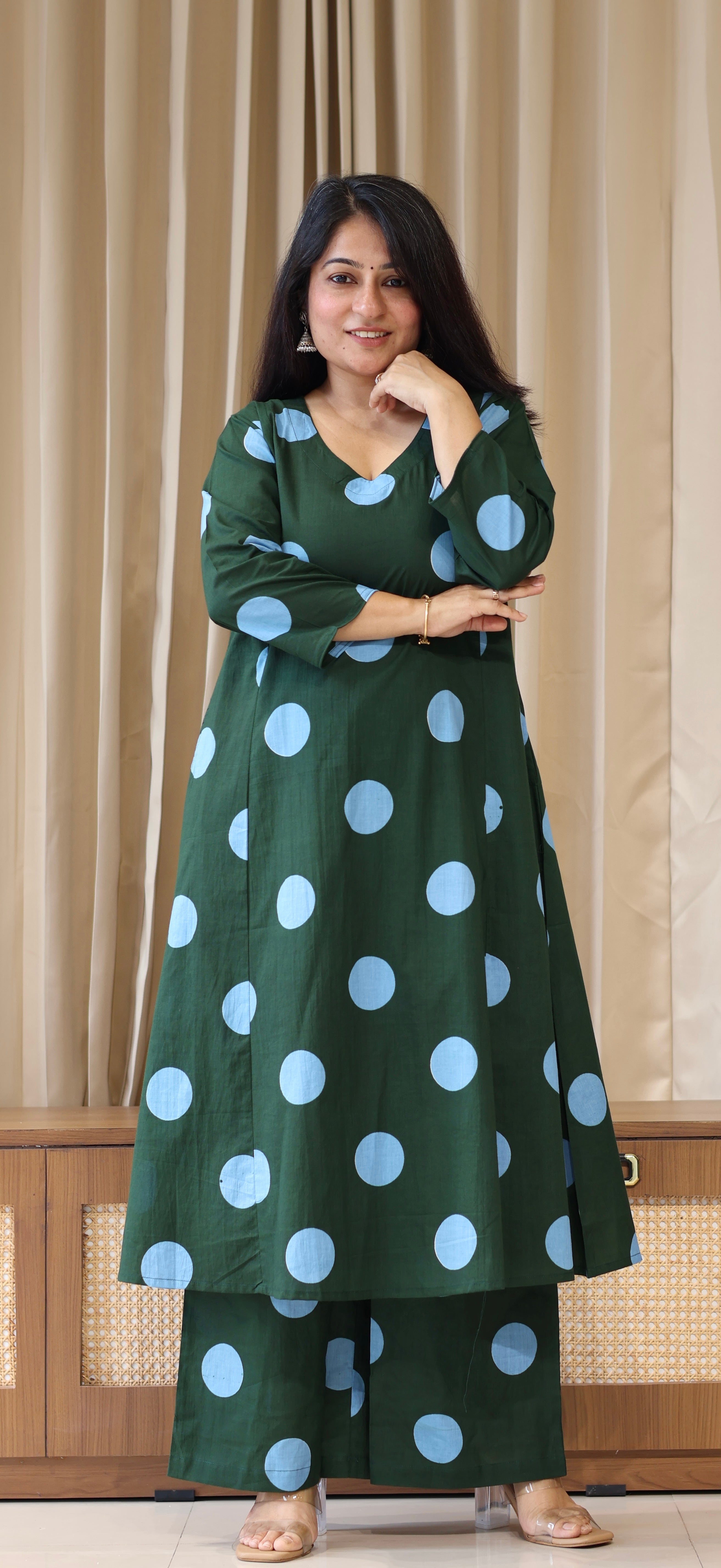 Dark Green-Blue Polka Dots Cotton Kurta Set