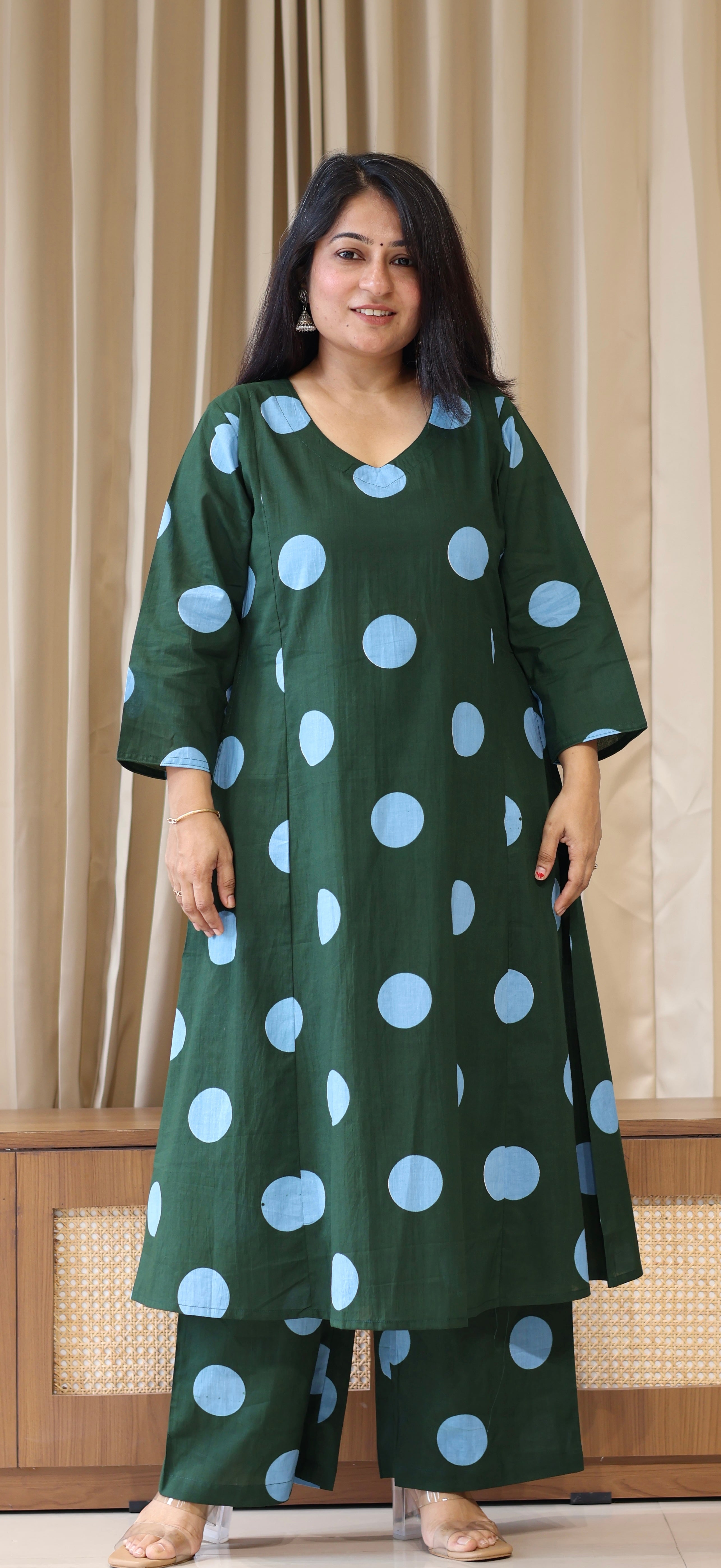 Dark Green-Blue Polka Dots Cotton Kurta Set