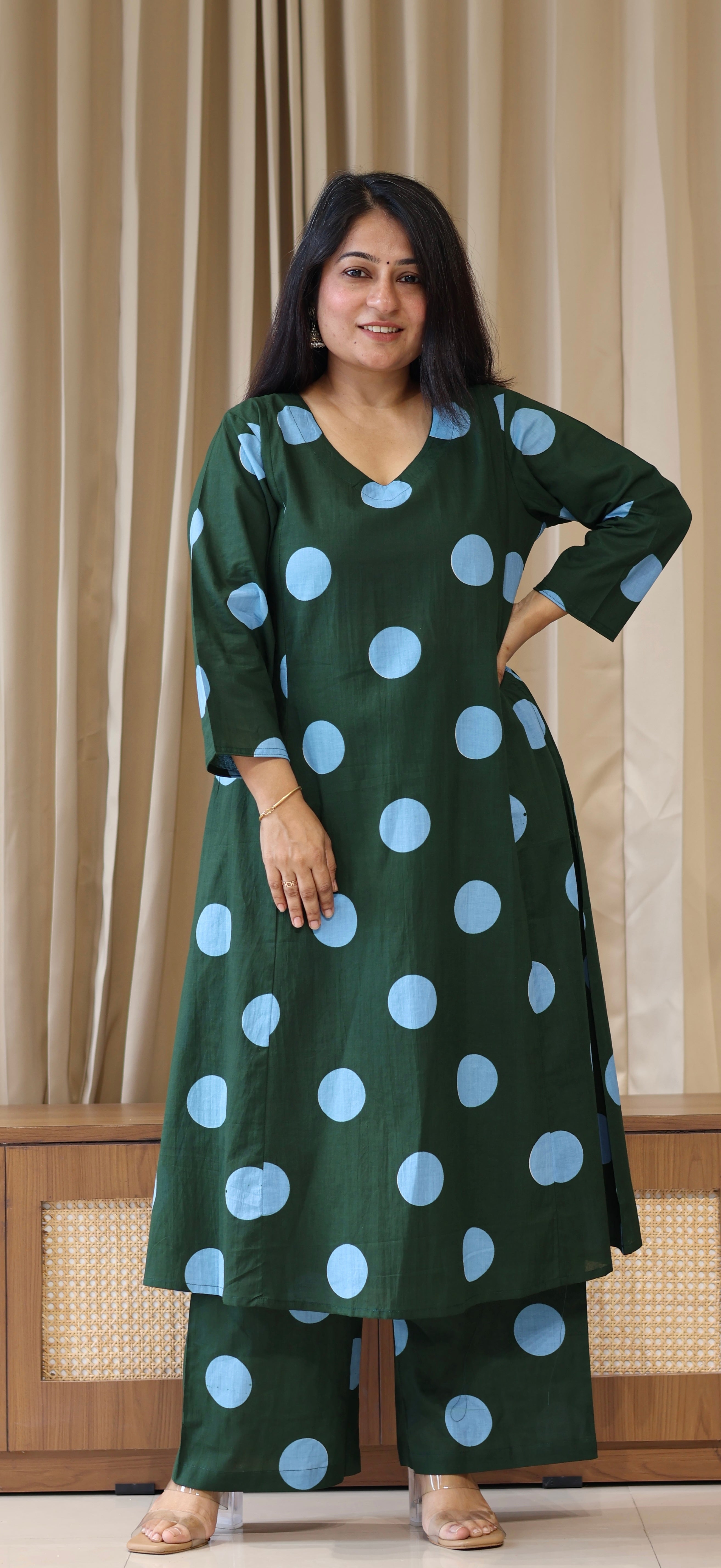 Dark Green-Blue Polka Dots Cotton Kurta Set