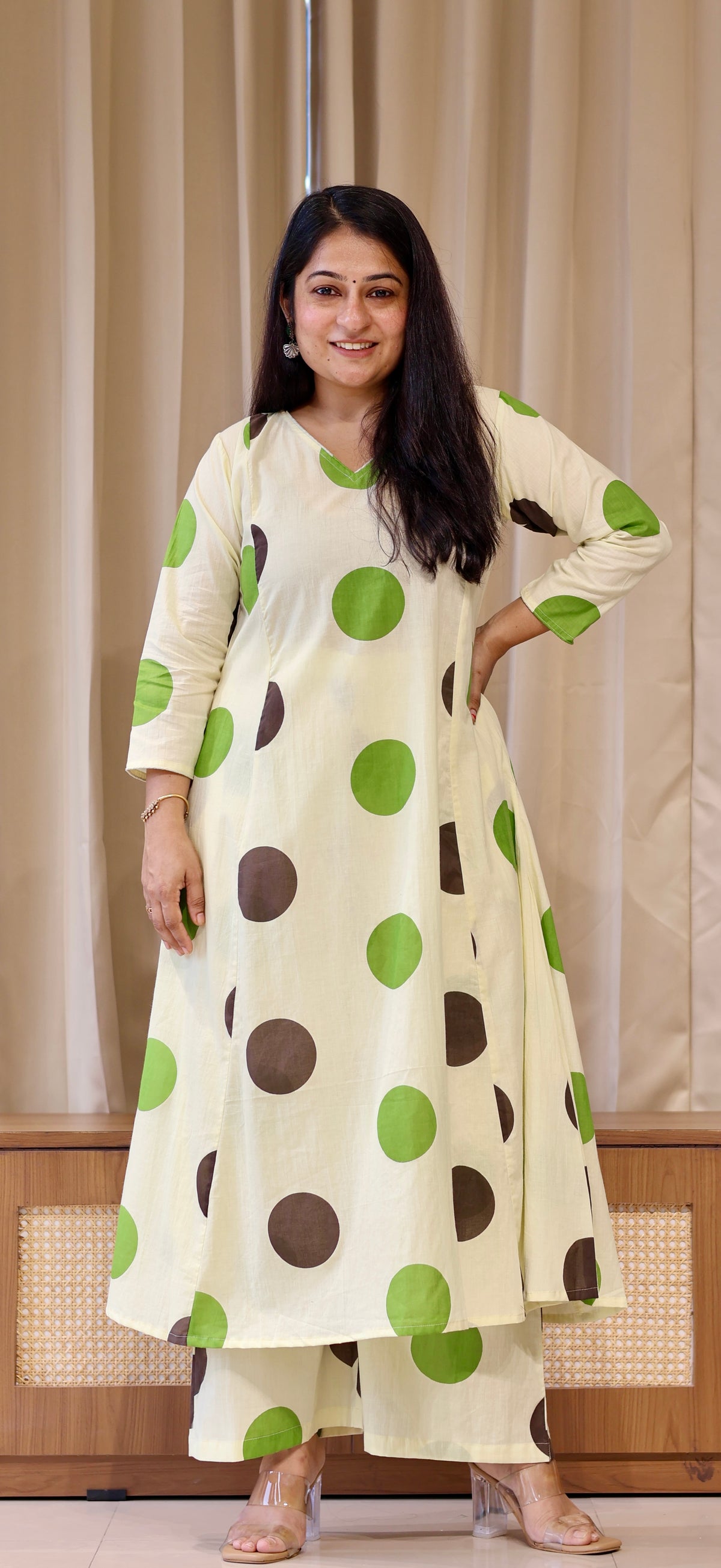 Brown-Green Polka Dots Cotton Kurta Set