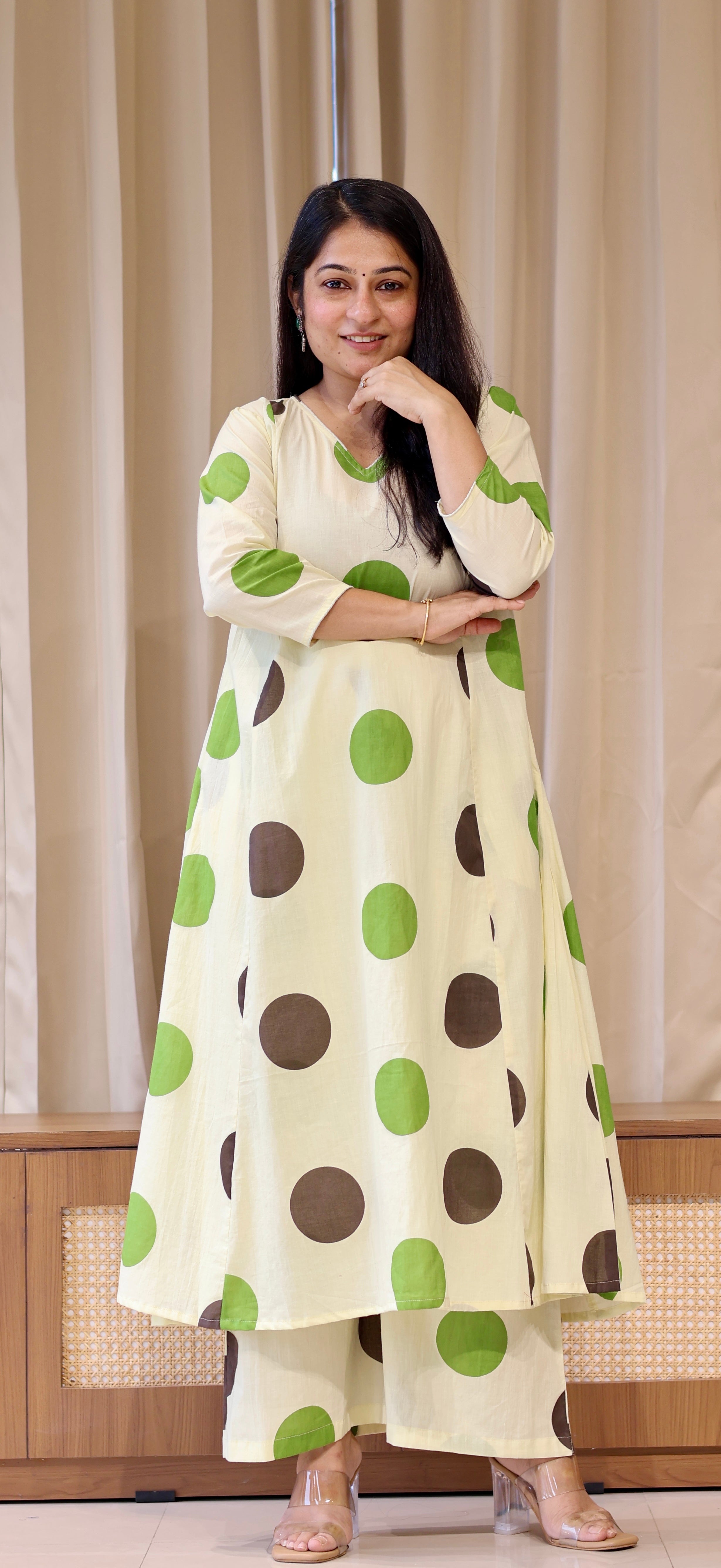 Brown-Green Polka Dots Cotton Kurta Set
