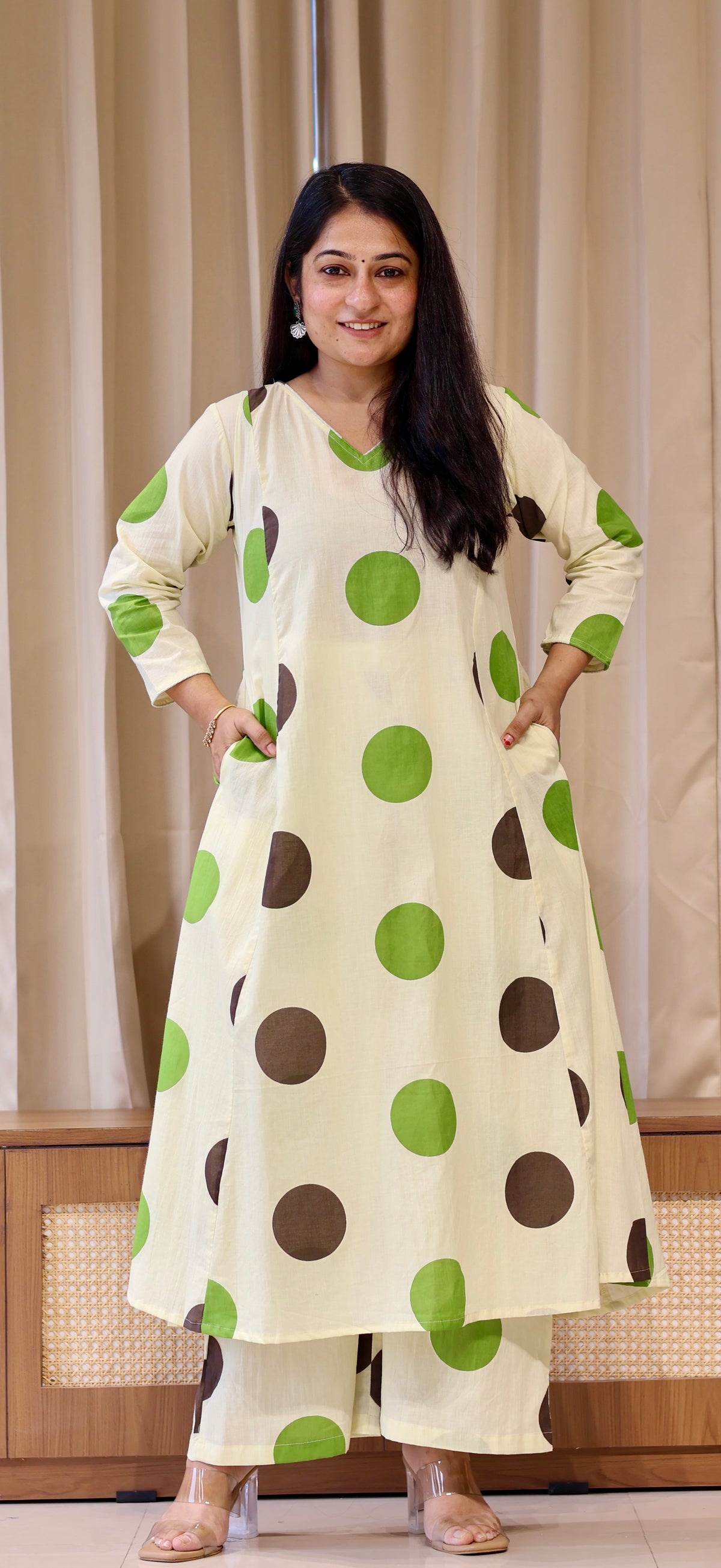 Brown-Green Polka Dots Cotton Kurta Set