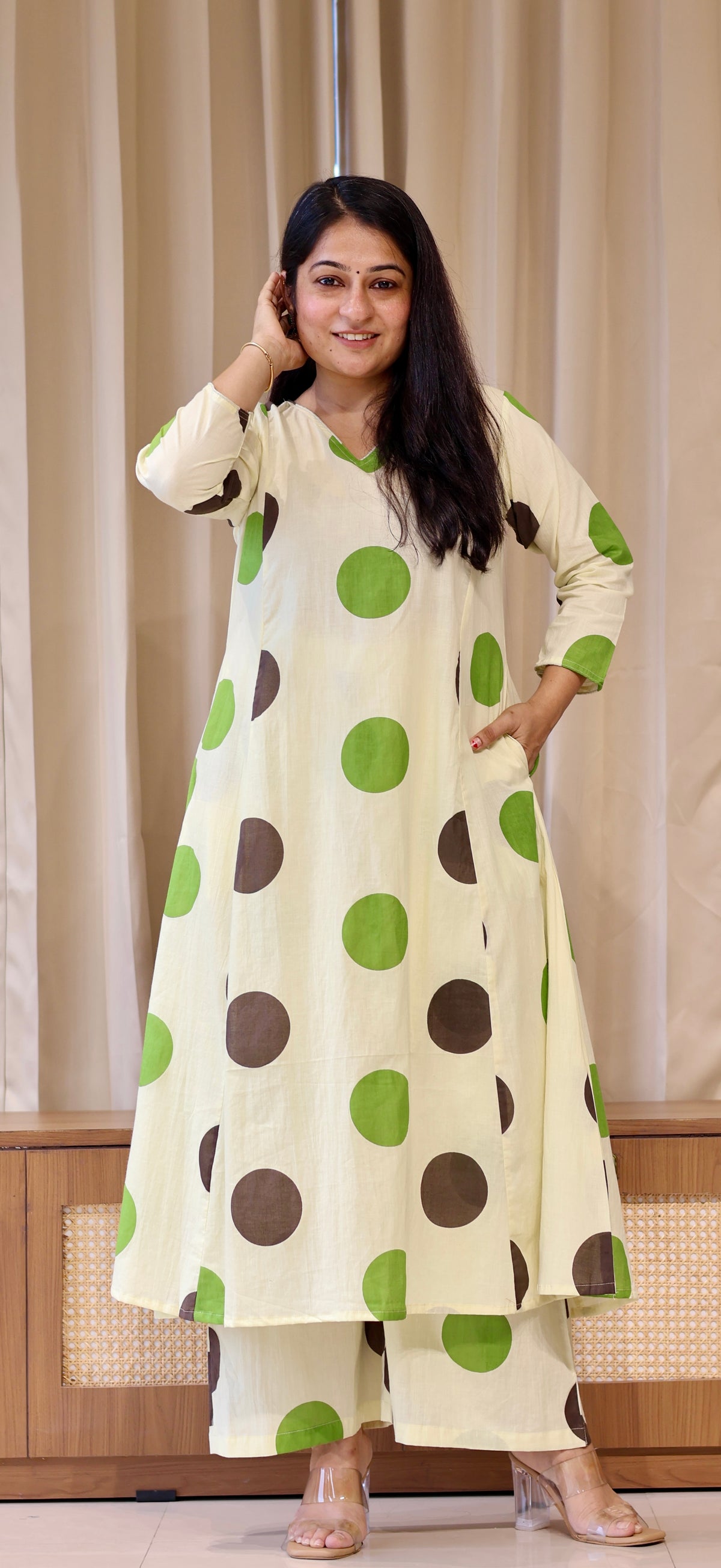 Brown-Green Polka Dots Cotton Kurta Set