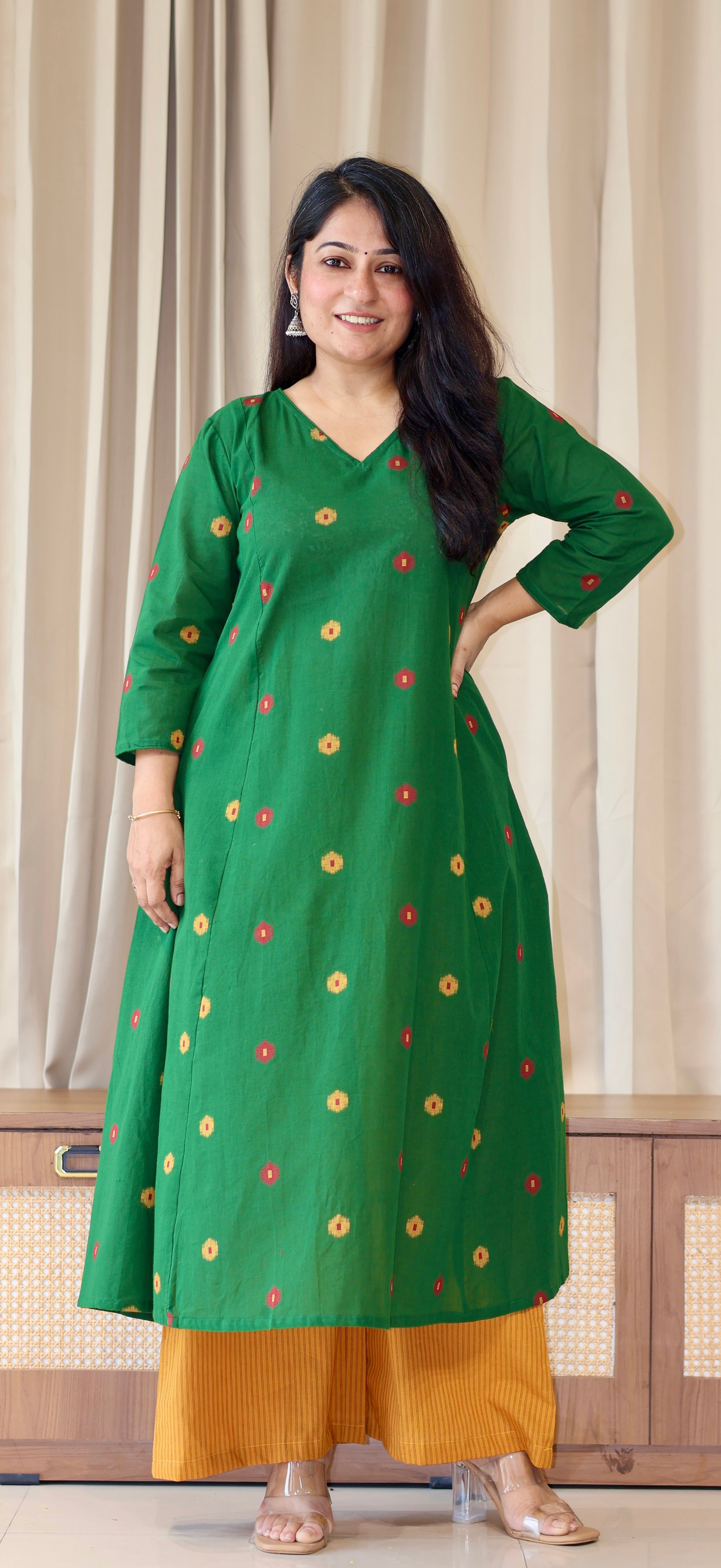 Shriya Handwoven Cotton Kurta- Green/Yellow