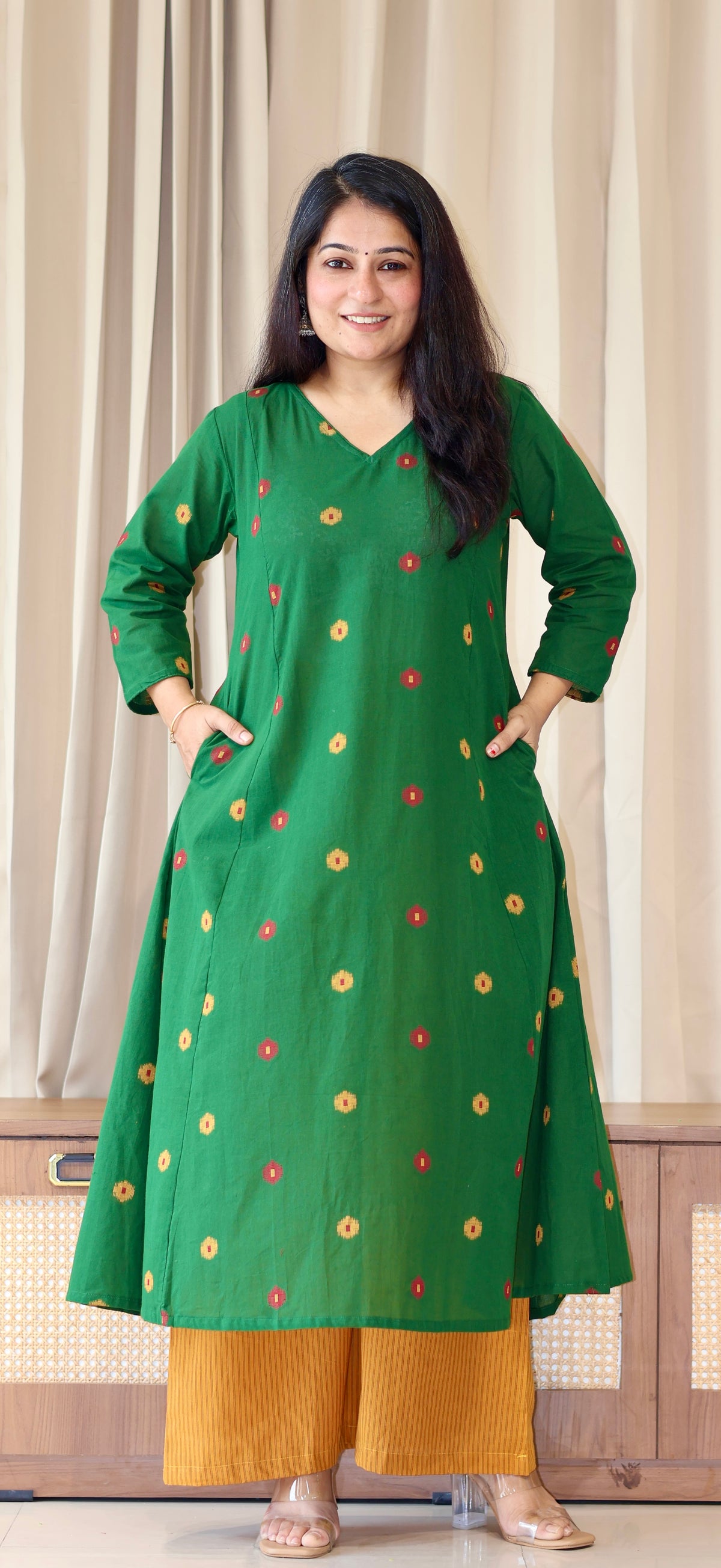 Shriya Handwoven Cotton Kurta- Green/Yellow