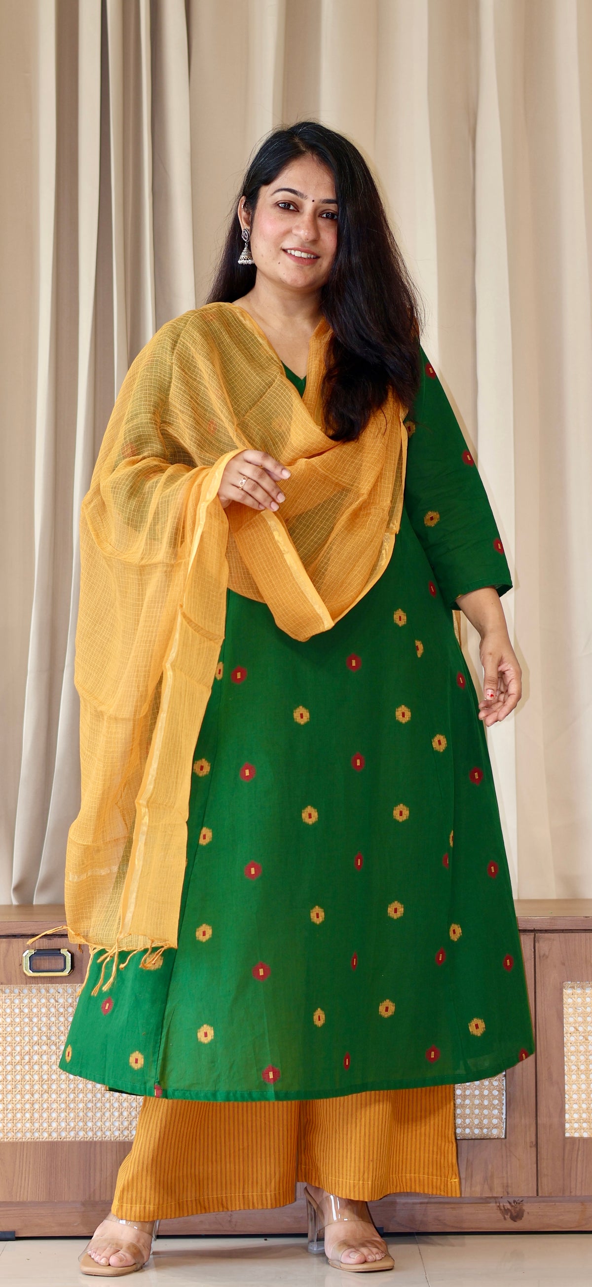 Shriya Handwoven Cotton Kurta- Green/Yellow