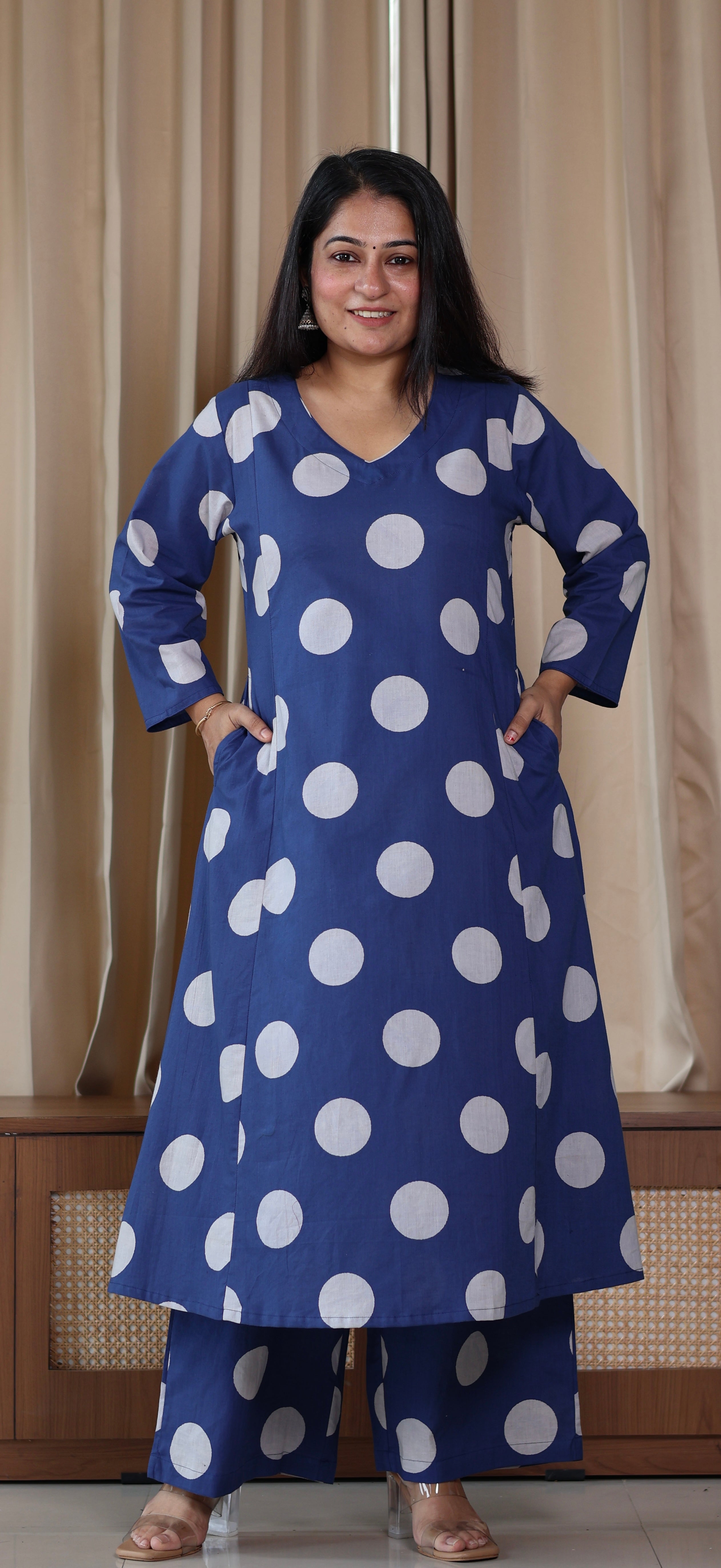 Indigo Polka Dots Cotton Kurta Set