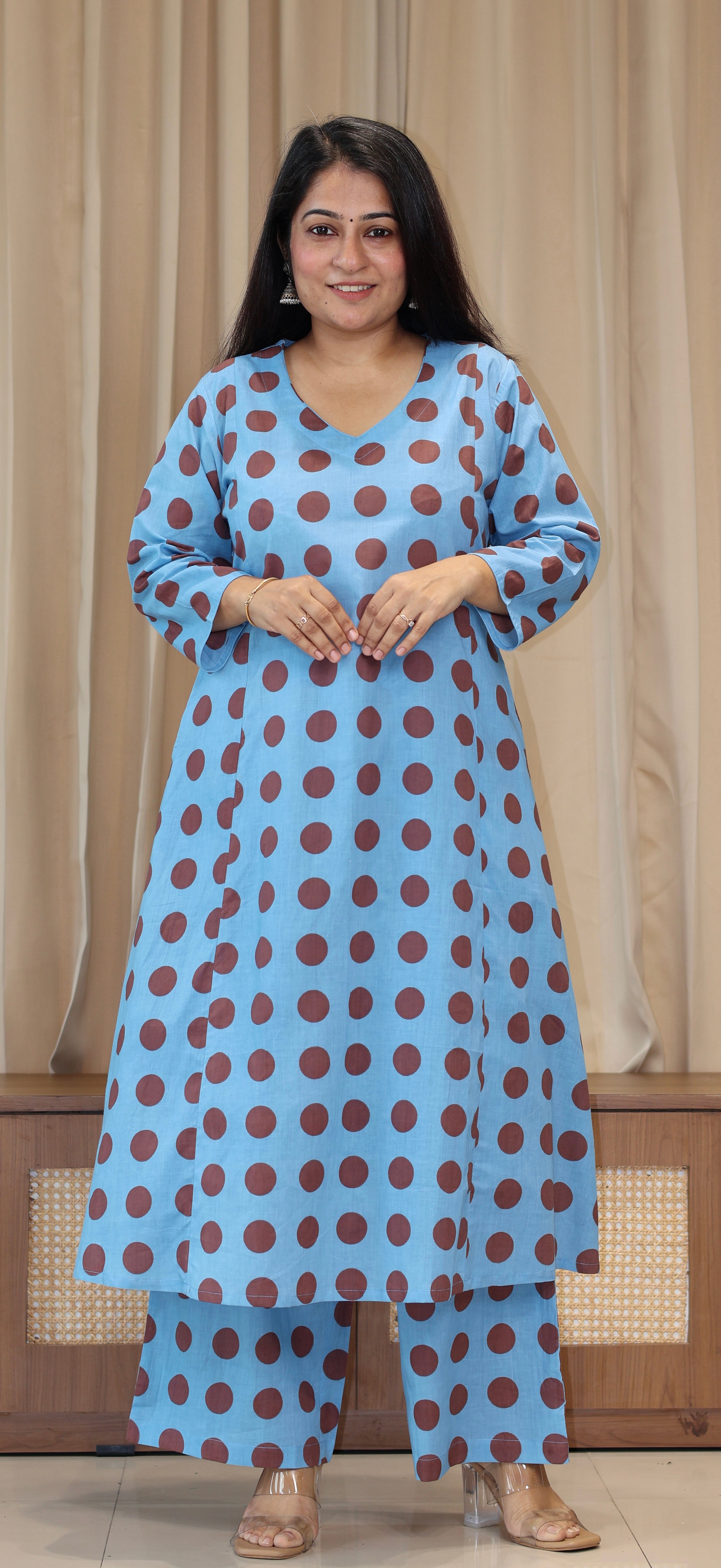 Blue/Brown Polka Dots Cotton Kurta Set